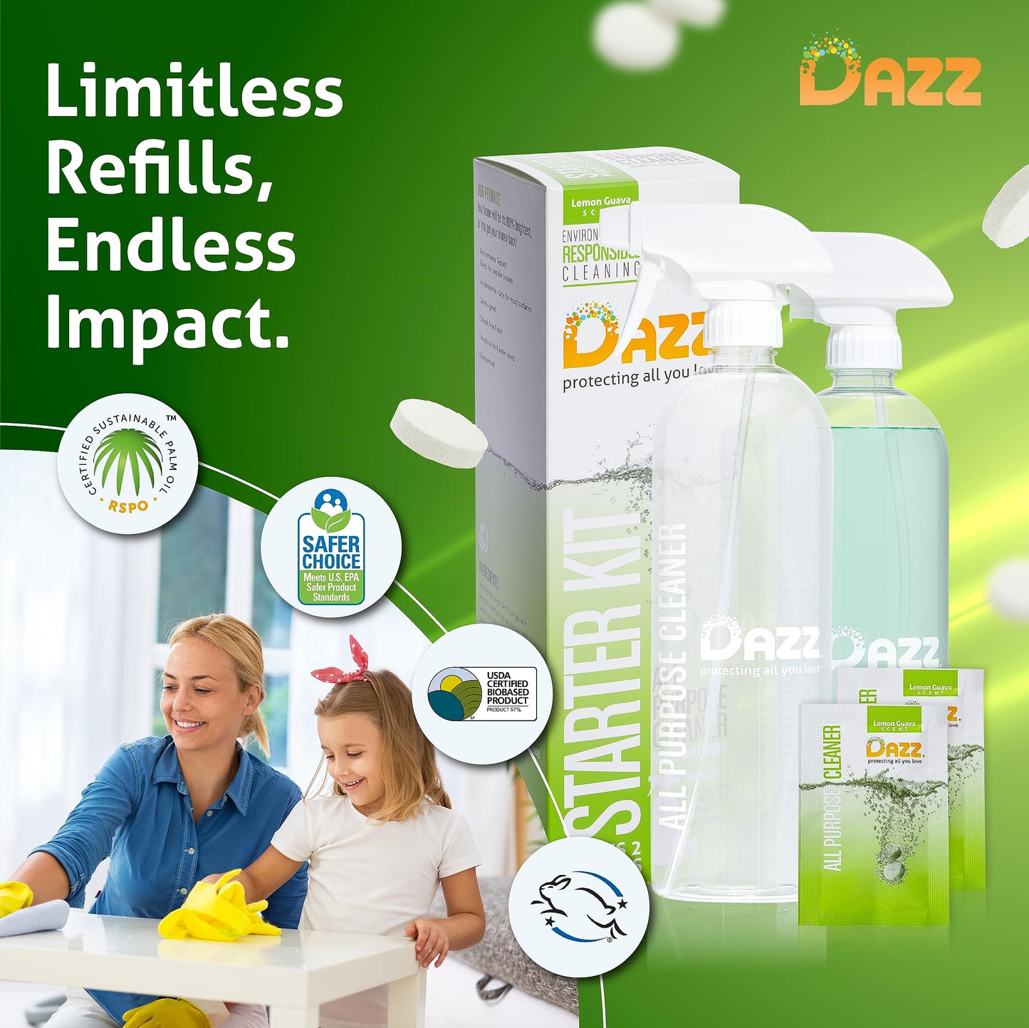 DAZZ Whole House Starter Kit (3 Reusable Spray Bottles, 6 Refills) Natural All Purpose Cleaner, Glass and Window Cleaner, and Bathroom Cleaner - Eco
