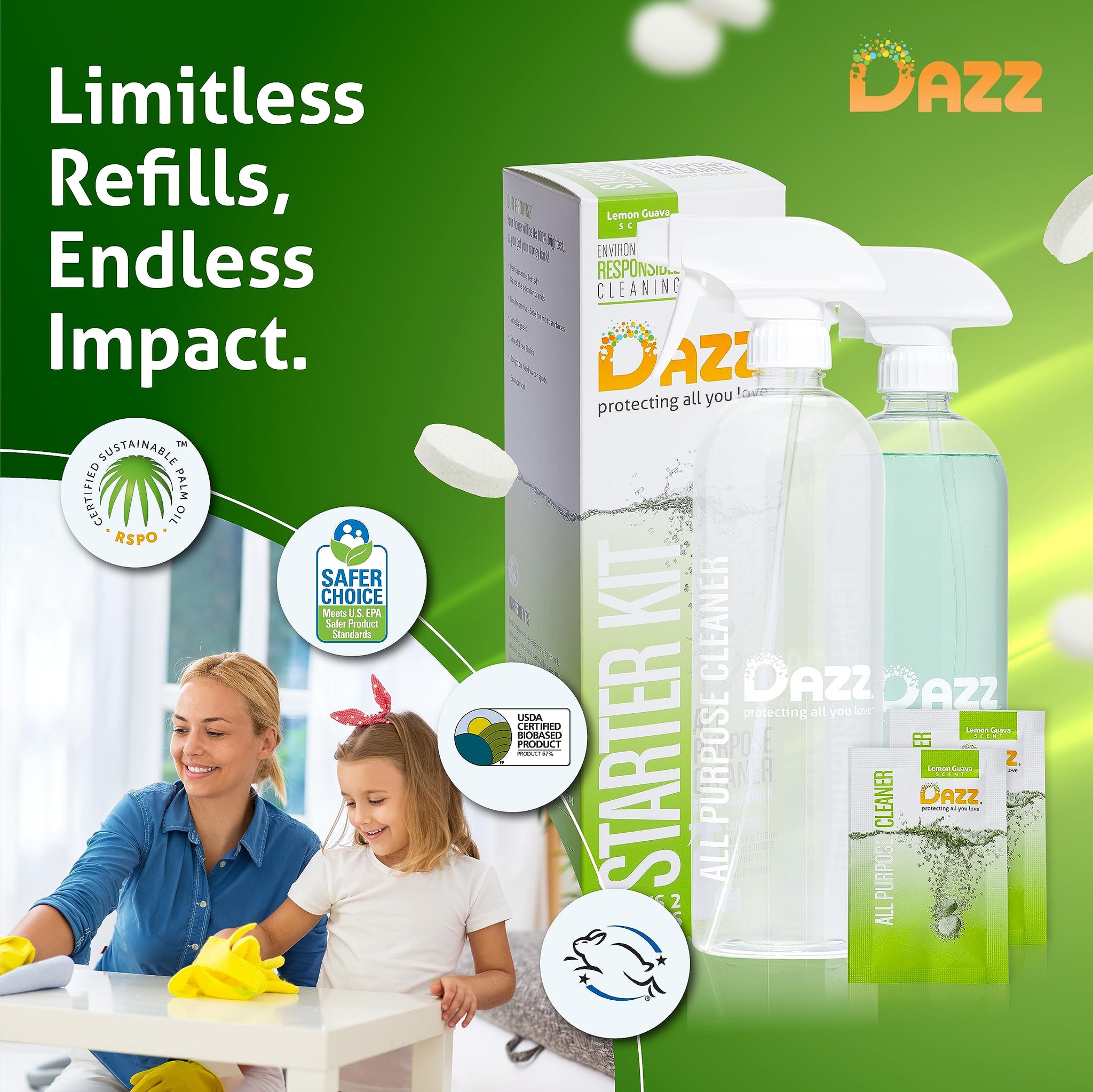 DAZZ Whole House Starter Kit (3 Reusable Spray Bottles, 6 Refills) Natural All Purpose Cleaner, Glass and Window Cleaner, and Bathroom Cleaner - Eco