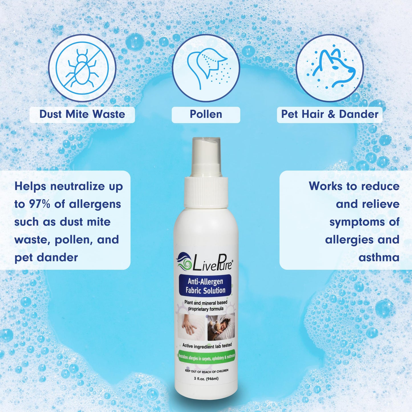 LivePure Anti-Allergen 3 OZ Fabric Spray for Household Surfaces. Plant-Based Allergy Spray for Dust Mites and Pet Dander. Fragrance Free - 5 Pack