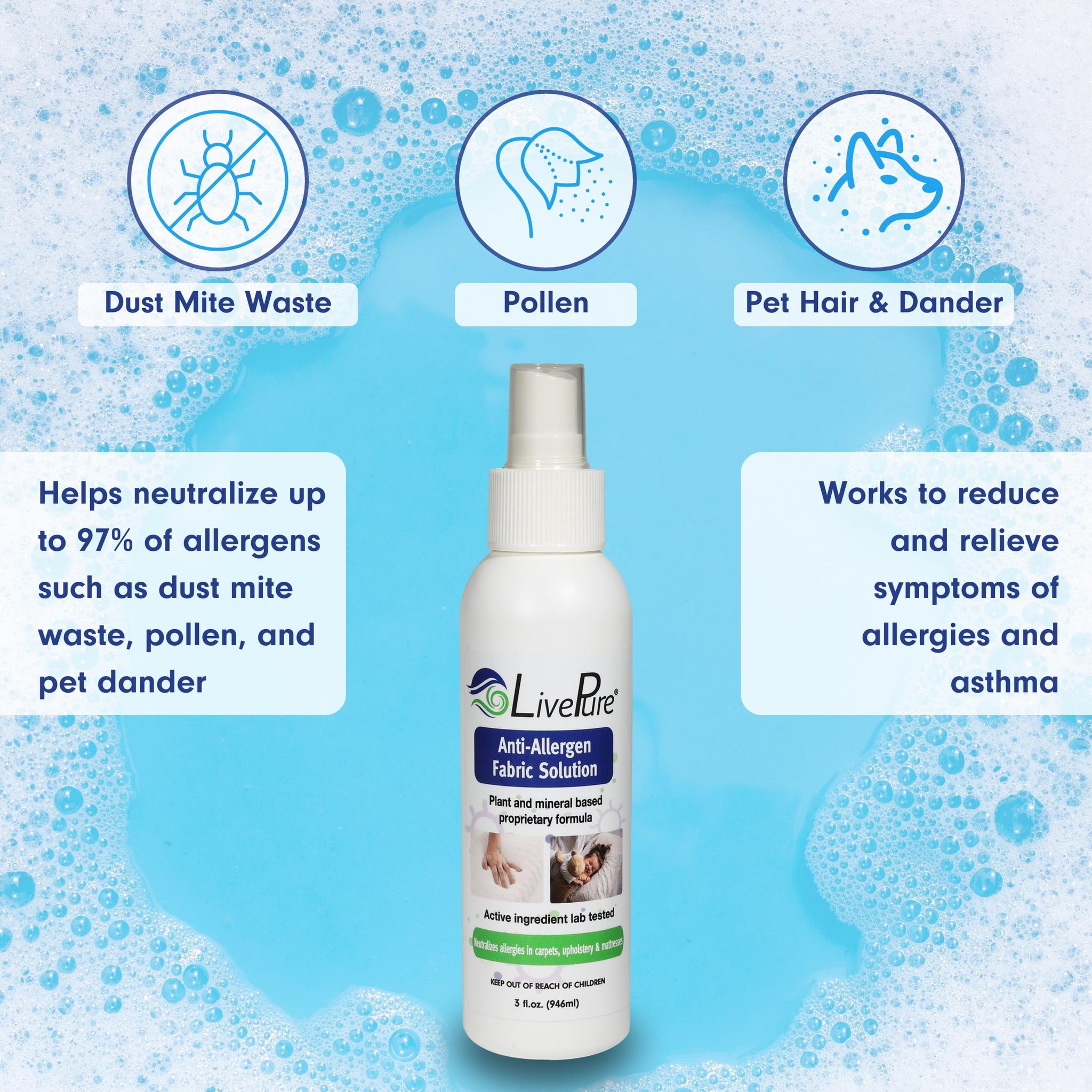LivePure Anti-Allergen 3 OZ Fabric Spray for Household Surfaces. Plant-Based Allergy Spray for Dust Mites and Pet Dander. Fragrance Free - 5 Pack