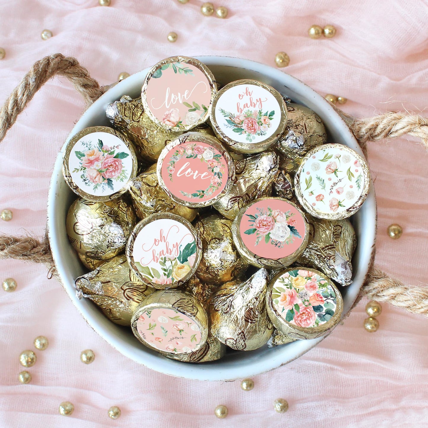 Baby in Bloom Party Favor Stickers, Pink Floral Baby Shower Chocolate Kisses Candy Labels - 180 Count