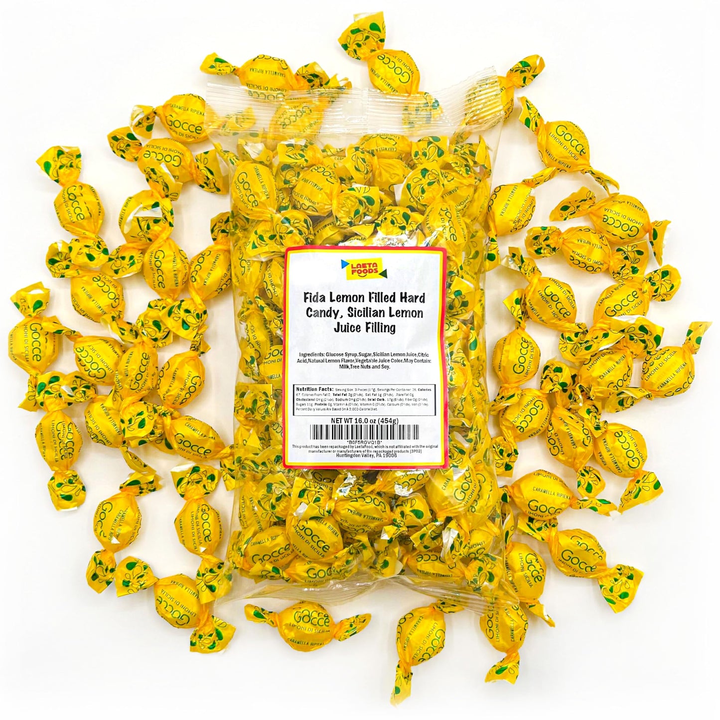 Italian Lemon Candy from Italy | 1 Pound Bag | Approx. 75 Count | Gocce Limoni Di Sicilia | Individually Wrapped Filled Lemon Drops Hard Candy |