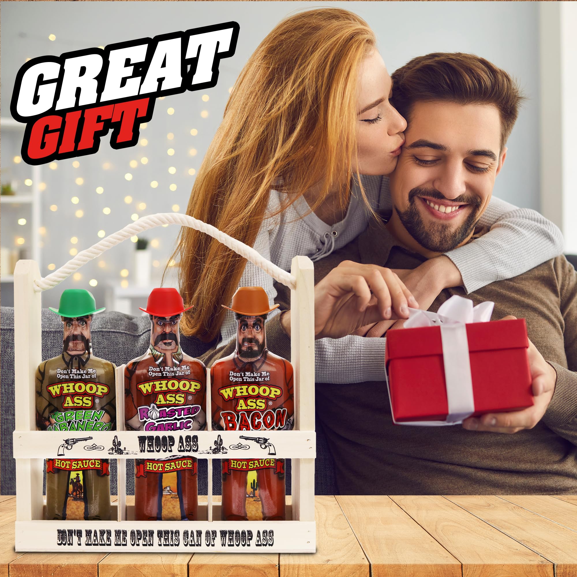 WHOOP ASS Premium Bacon, Green Habanero, and Roasted Garlic Hot Sauce Gift Set Wooden Crate - Try if you dare! - Perfect Gourmet Fathers Day Gift