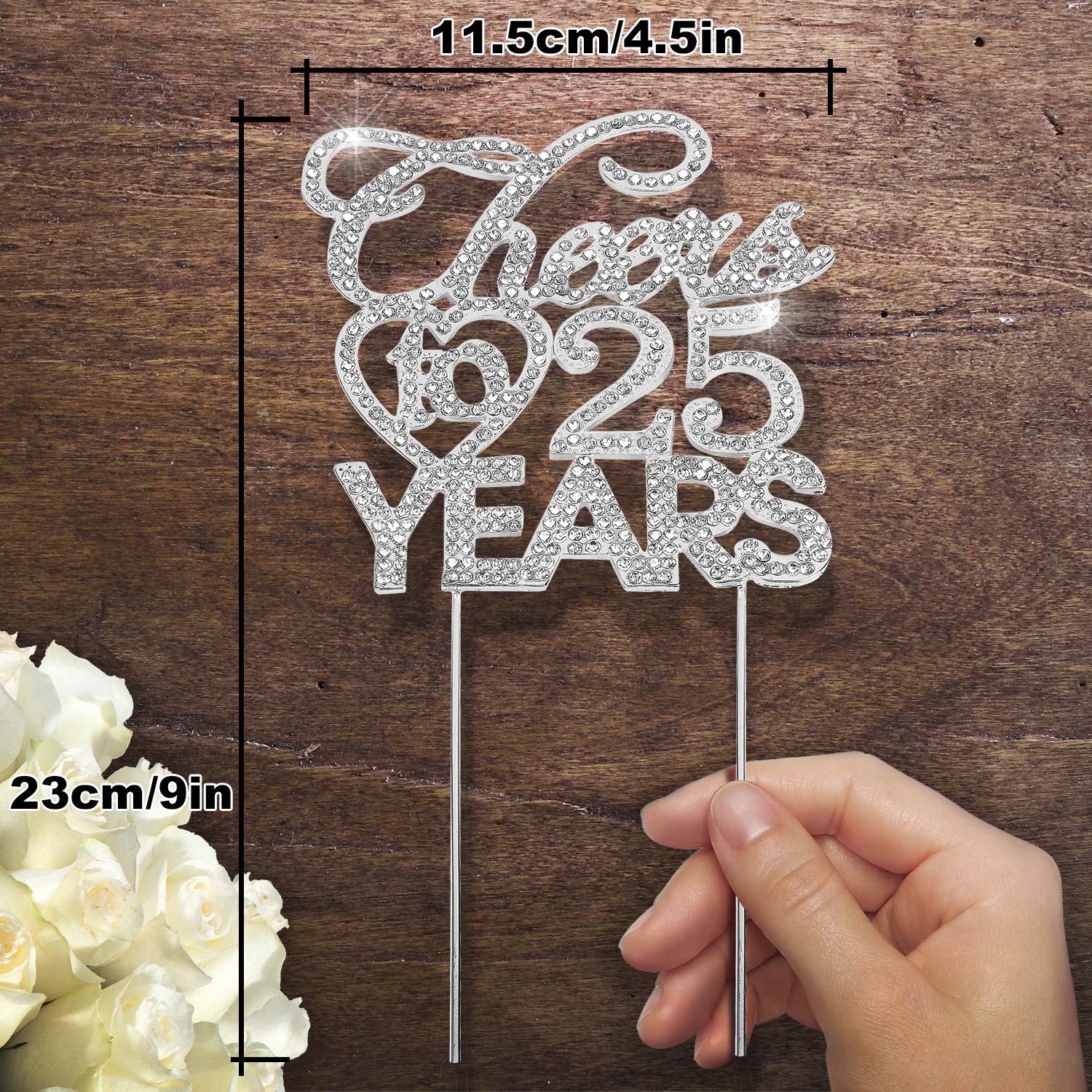 Bling Crystal Cheers To 25 Years Cake Topper - Best Keepsake 25th Birthday Or Anniversary Decor Party Decorations Silver