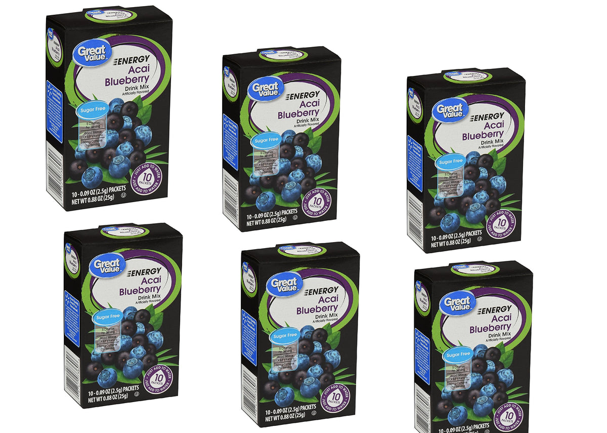 Great Value Sugar Free, Low Calorie ENERGY Blueberry Acai Drink Mix (Pack of 6)