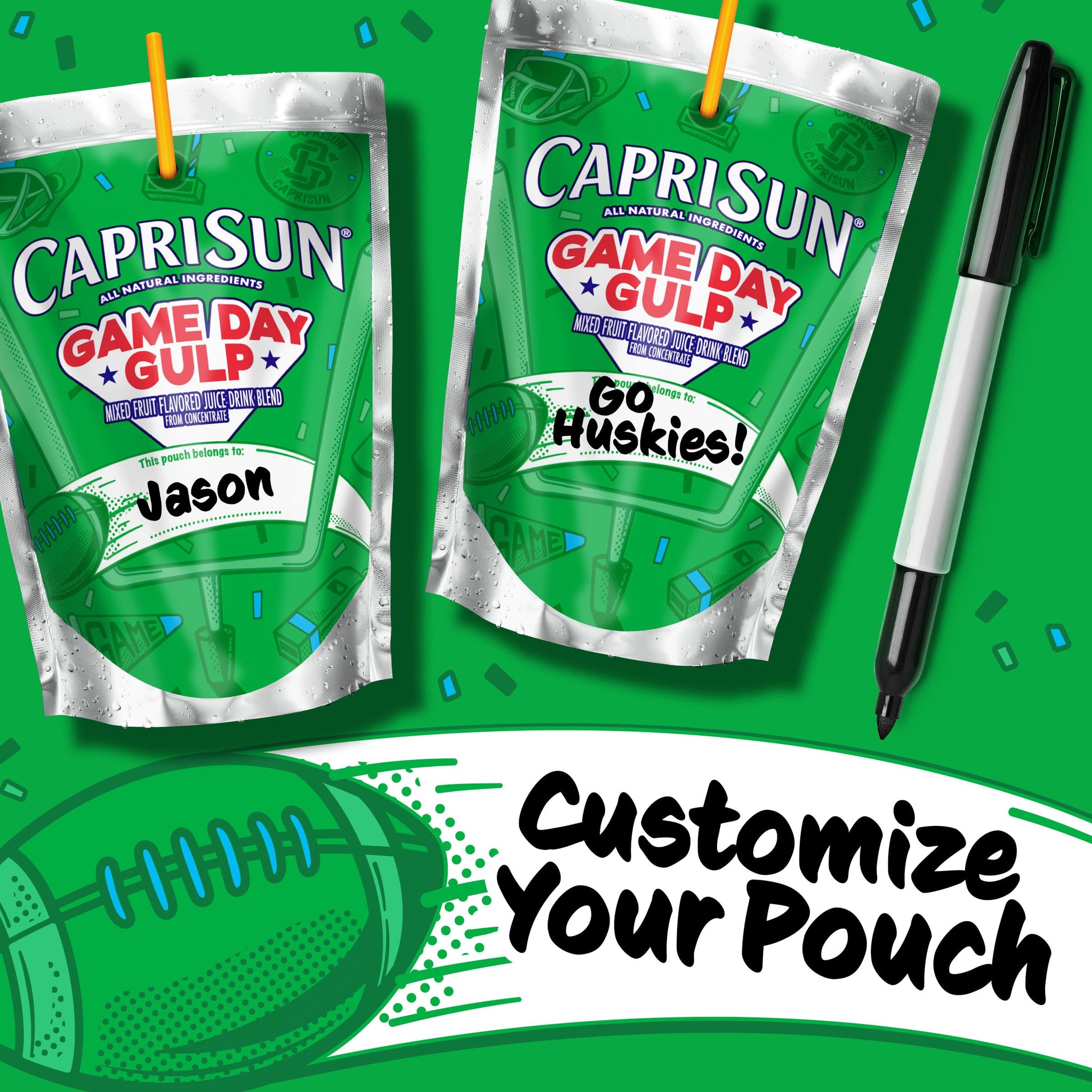 Capri Sun Game Day Gulp Juice Drink Blend Juice Boxes, 10 Pouches, For School Lunches and Tailgates, All Natural Ingredients, 6 oz