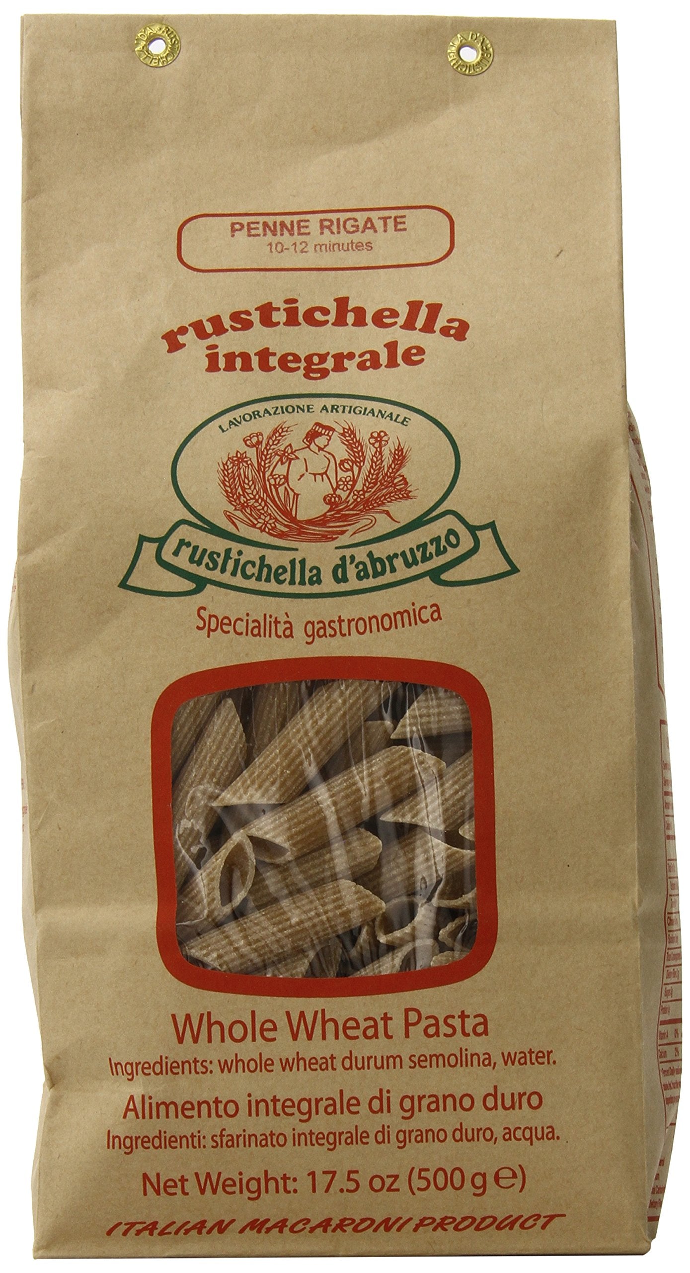 Rustichella D'Abruzzo Pasta Penne Rigate Whole Wheat in Brown Bag, 1.1 Pound