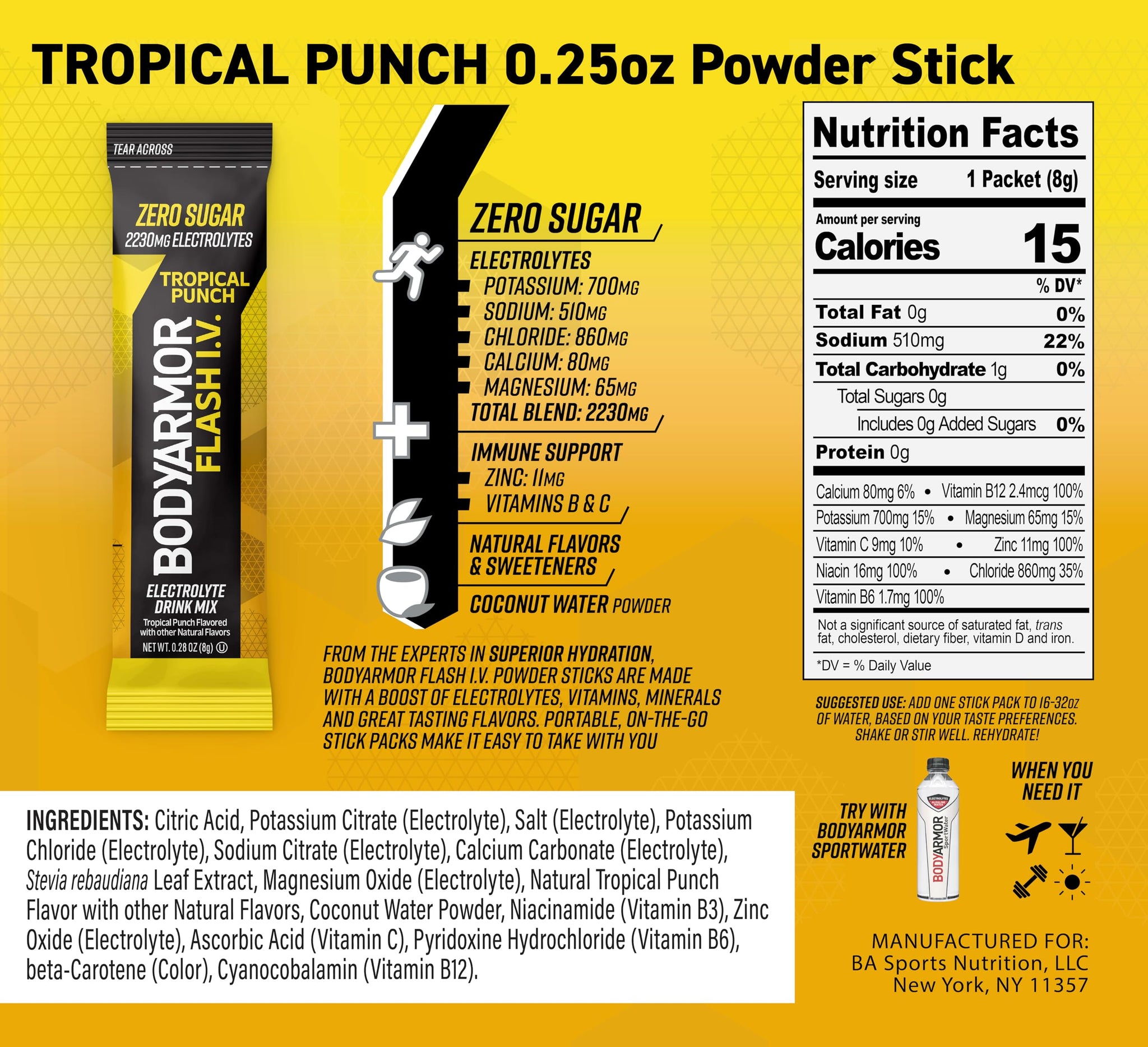 BODYARMOR Flash IV Electrolyte Packets, Strawberry Kiwi, Lemon Lime, & Tropical Punch Variety Pack - Zero Sugar Drink Mix, Single Serve Packs, Coconut