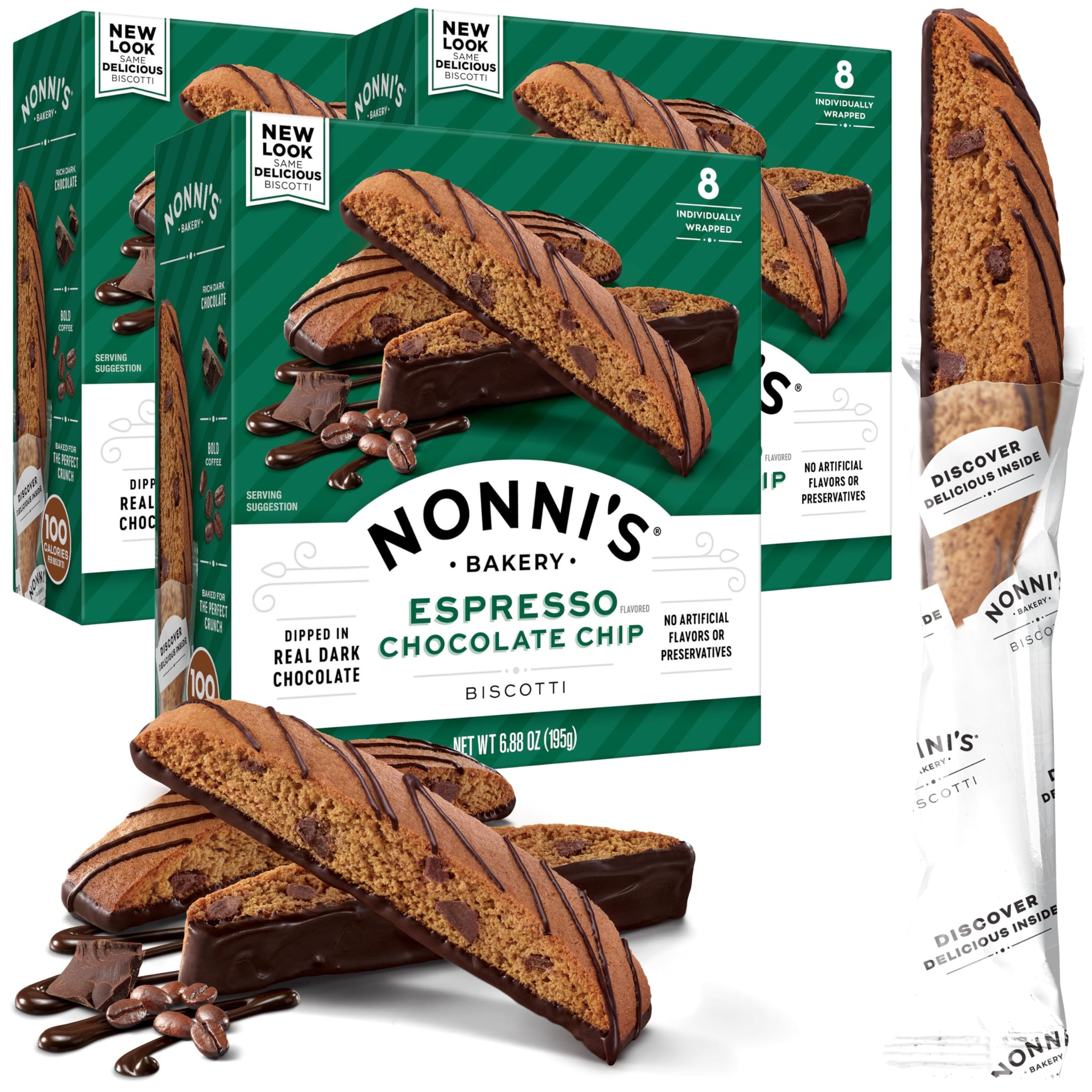 Nonni's Espresso Chocolate Chip Biscotti Cookies - 3 Boxes Espresso Coffee Cookies - Espresso Chocolate Chip Cookies w/Dark Chocolate - Italian