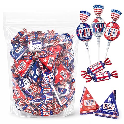 Patriotic Candy Assortment - 3 Pound Bulk Pack - 4th of July Candy - Chocolate Caramels, Lollipops, Popping Rocks Pouches - Red White and Blue Treats
