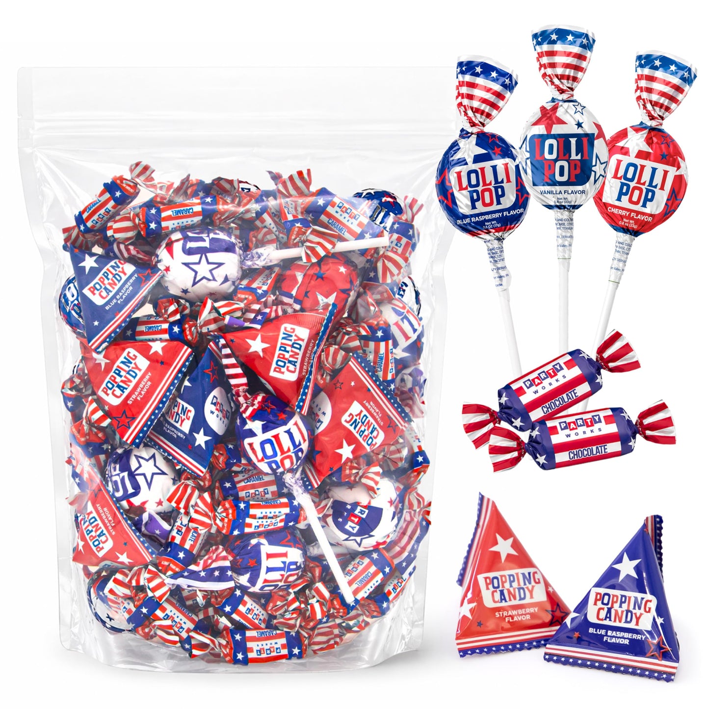 Patriotic Candy Assortment - 3 Pound Bulk Pack - 4th of July Candy - Chocolate Caramels, Lollipops, Popping Rocks Pouches - Red White and Blue Treats