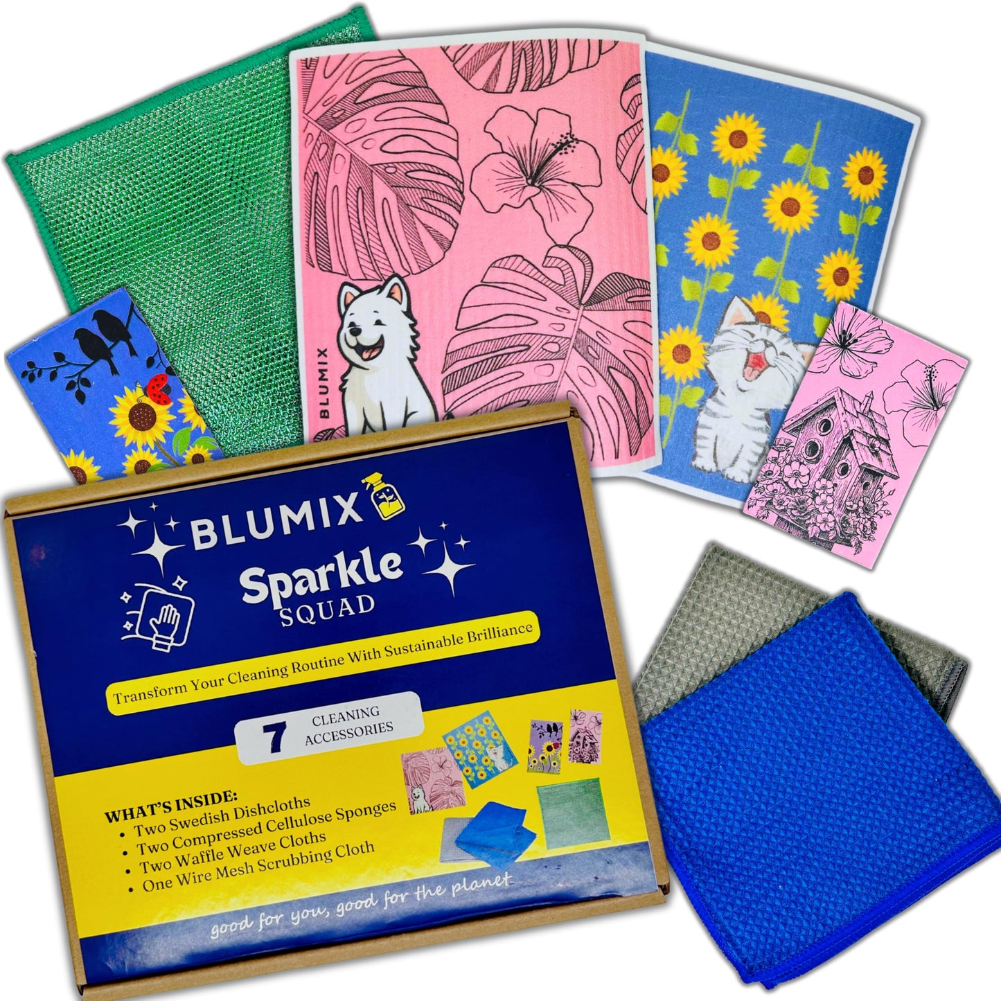 Blumix Ultimate Cleaning Kit - 7 Items: 2 Swedish Dishcloths, 2 Compressed Cellulose Sponges, 2 Glass Cleaning Cloths, 1 Mesh Scrubbing Cloth (No