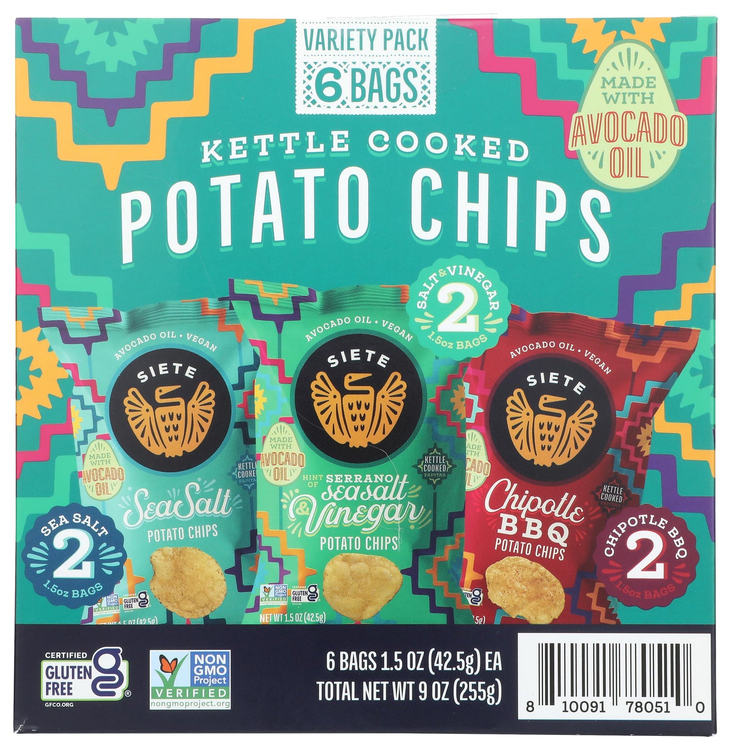 Siete Family Foods Kettle Cooked Potato Chips Variety Pack 6pk, 9 OZ