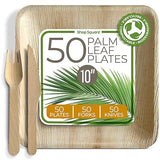 Compostable Square Palm Leaf Plates 10 Inch with Forks & Knives (50 Each) - Like Bamboo Plates, Disposable Party Plates, Biodegradable, Eco-Friendly