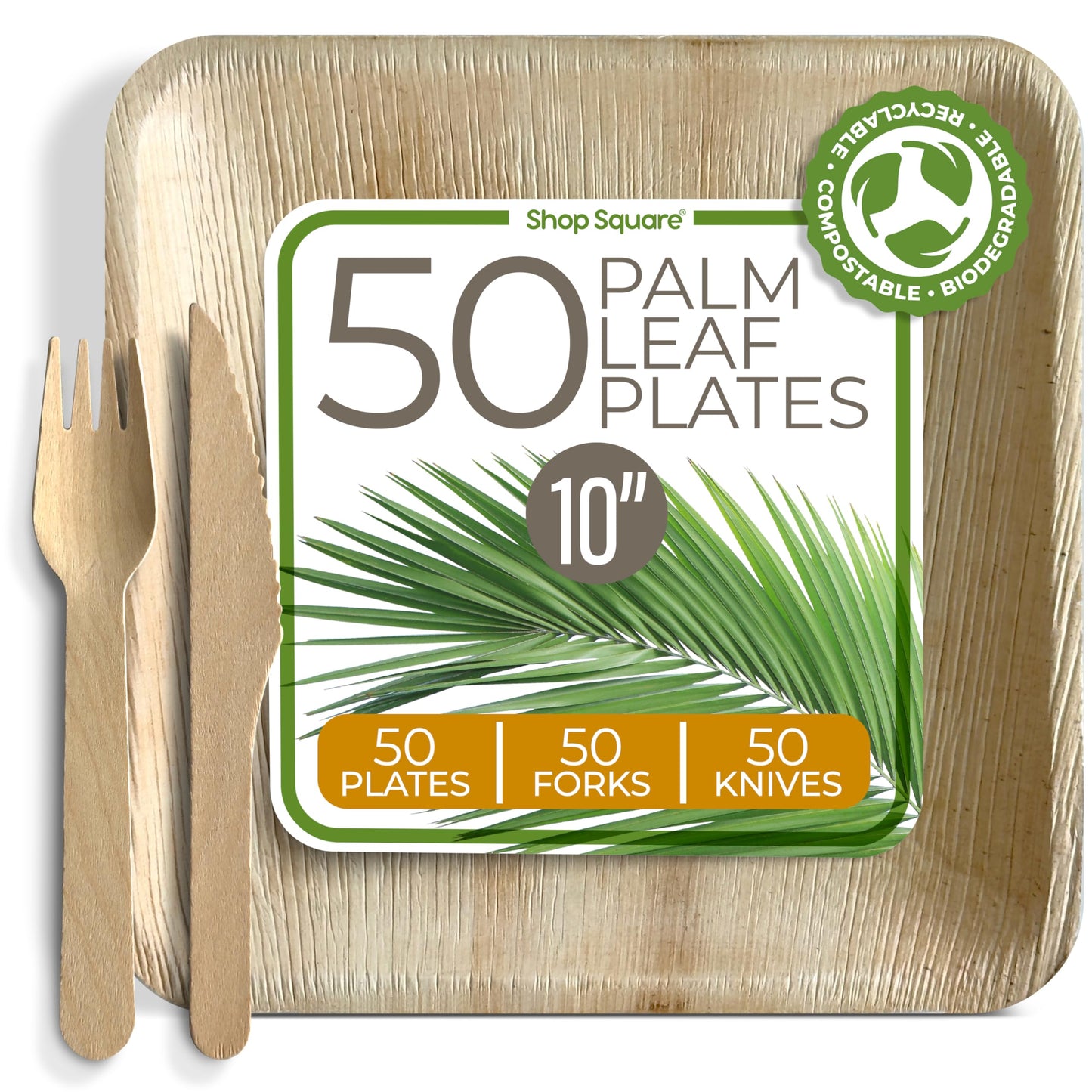 Compostable Square Palm Leaf Plates 10 Inch with Forks & Knives (50 Each) - Like Bamboo Plates, Disposable Party Plates, Biodegradable, Eco-Friendly