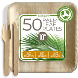 Compostable Square Palm Leaf Plates 10 Inch with Forks & Knives (50 Each) - Like Bamboo Plates, Disposable Party Plates, Biodegradable, Eco-Friendly