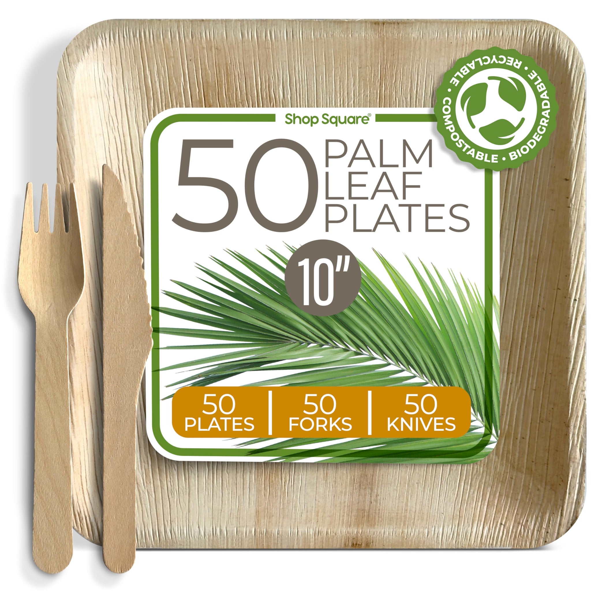 Compostable Square Palm Leaf Plates 10 Inch with Forks & Knives (50 Each) - Like Bamboo Plates, Disposable Party Plates, Biodegradable, Eco-Friendly