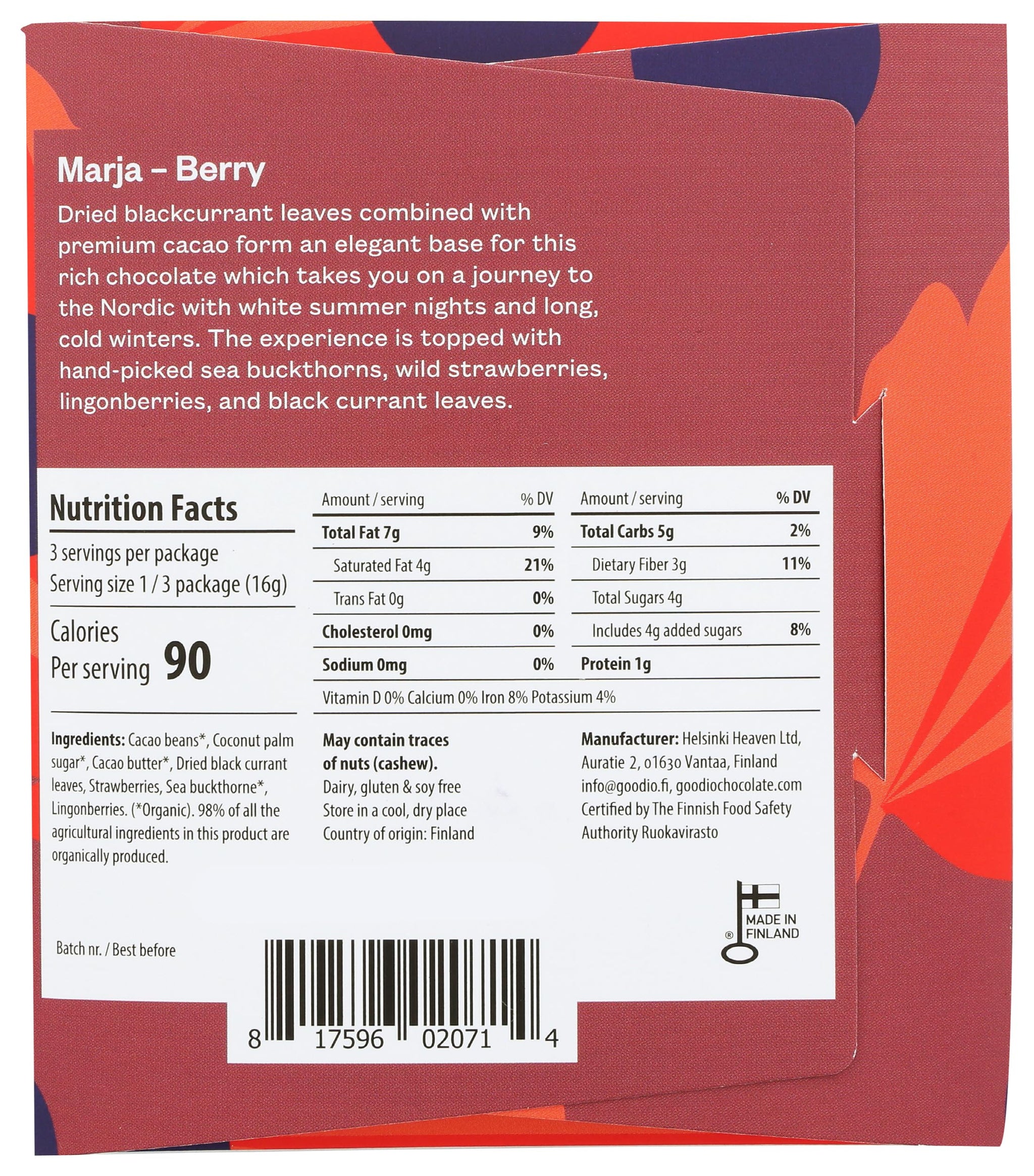 Goodio Chocolate Bar, Berry Nordic 71%, Vegan, Gluten- free, 1.7 Ounce