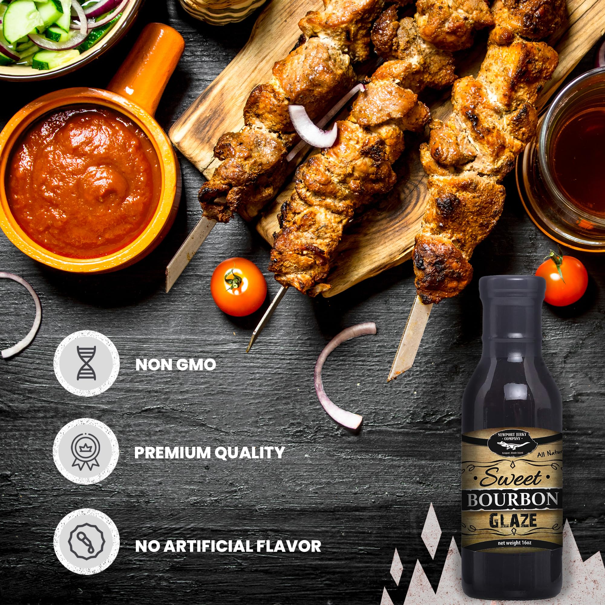 Newport Jerky Company Sweet Bourbon Glaze & Dipping Sauce (Fat Free & All Natural) - Bourbon Infused Sauce | Bourbon Sauce for Glazes, Marinades
