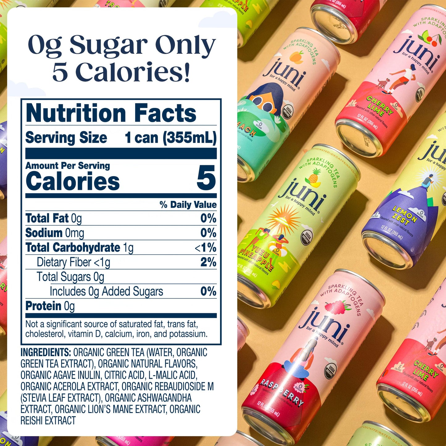 Juni Sparkling Adaptogen Drink with Ashwagandha, Lion’s Mane & Reishi Mushrooms, Zero Sugar, 5 Calories, Organic, Raspberry 12 Fl Oz