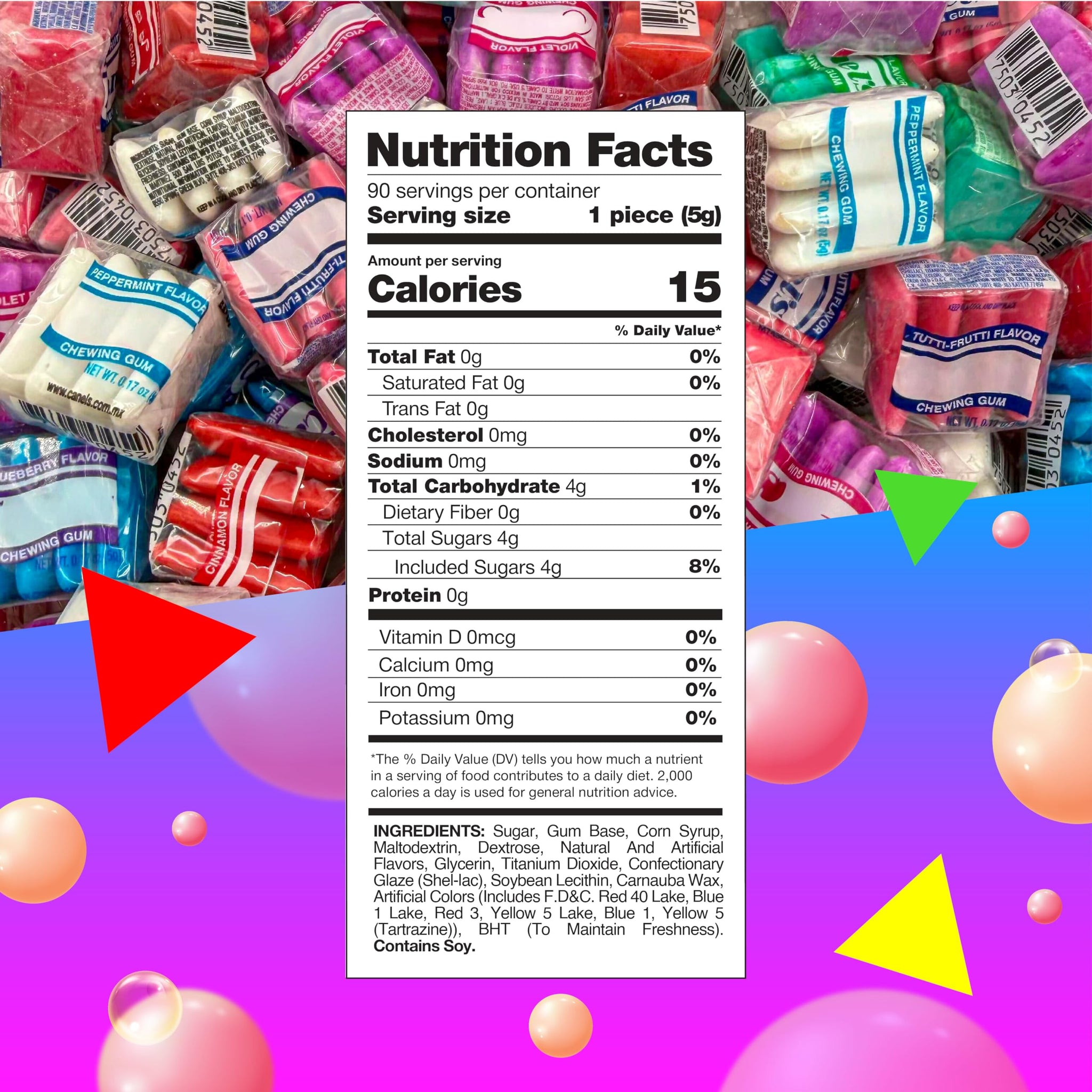 Mexican Chewing Gum | 1 Pound Bag - 90 Count | Assorted Flavors Gum in Violet, Fruit, Mint & Cinnamon | Individually Wrapped Gum Bulk | Fun Mini Packs