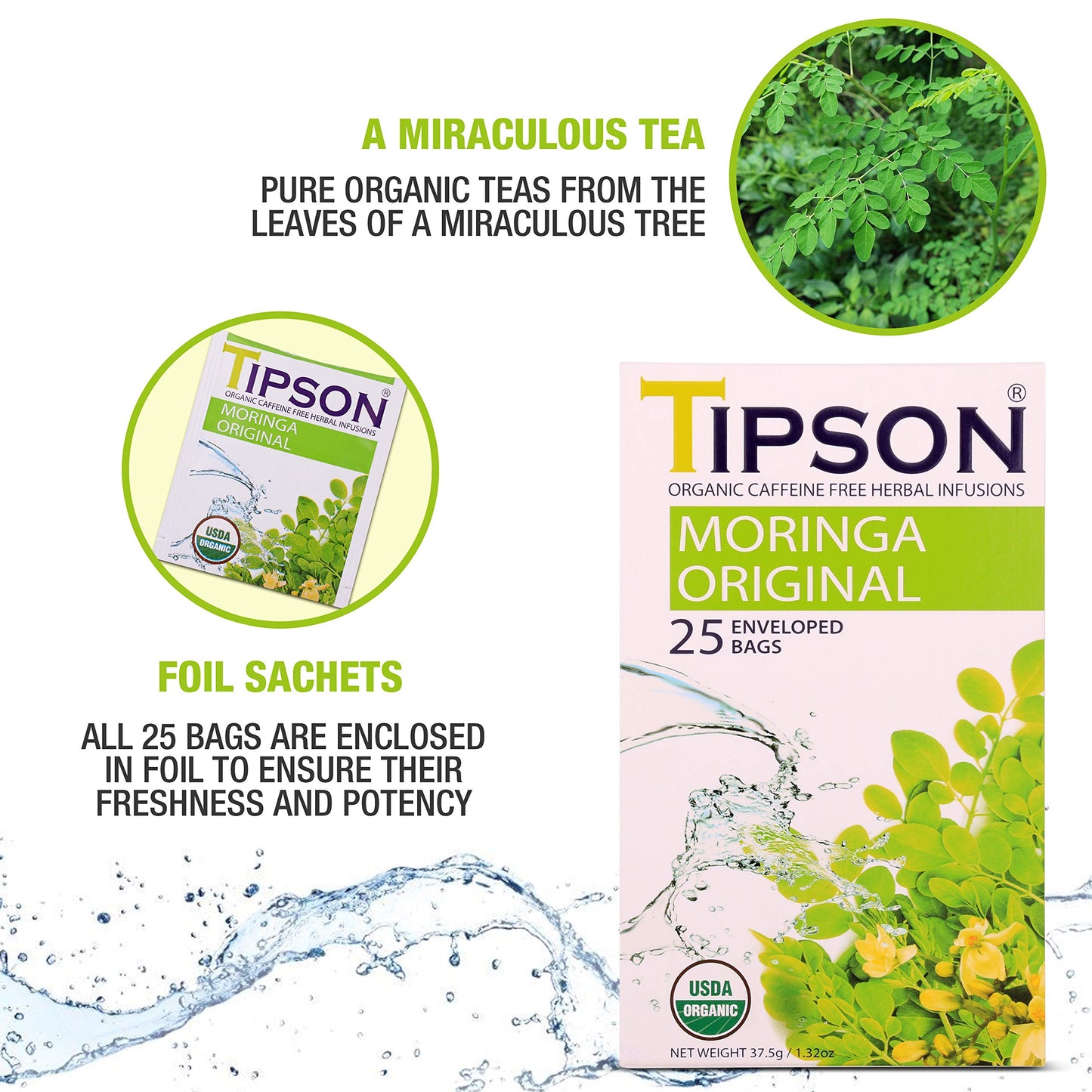 Tipson Organic Moringa Caffeine Free Herbal Tea - Original Flavor - 25 Premium Double Chambered Bags - Superfood Tea - Keto/Paleo Diet Compatible