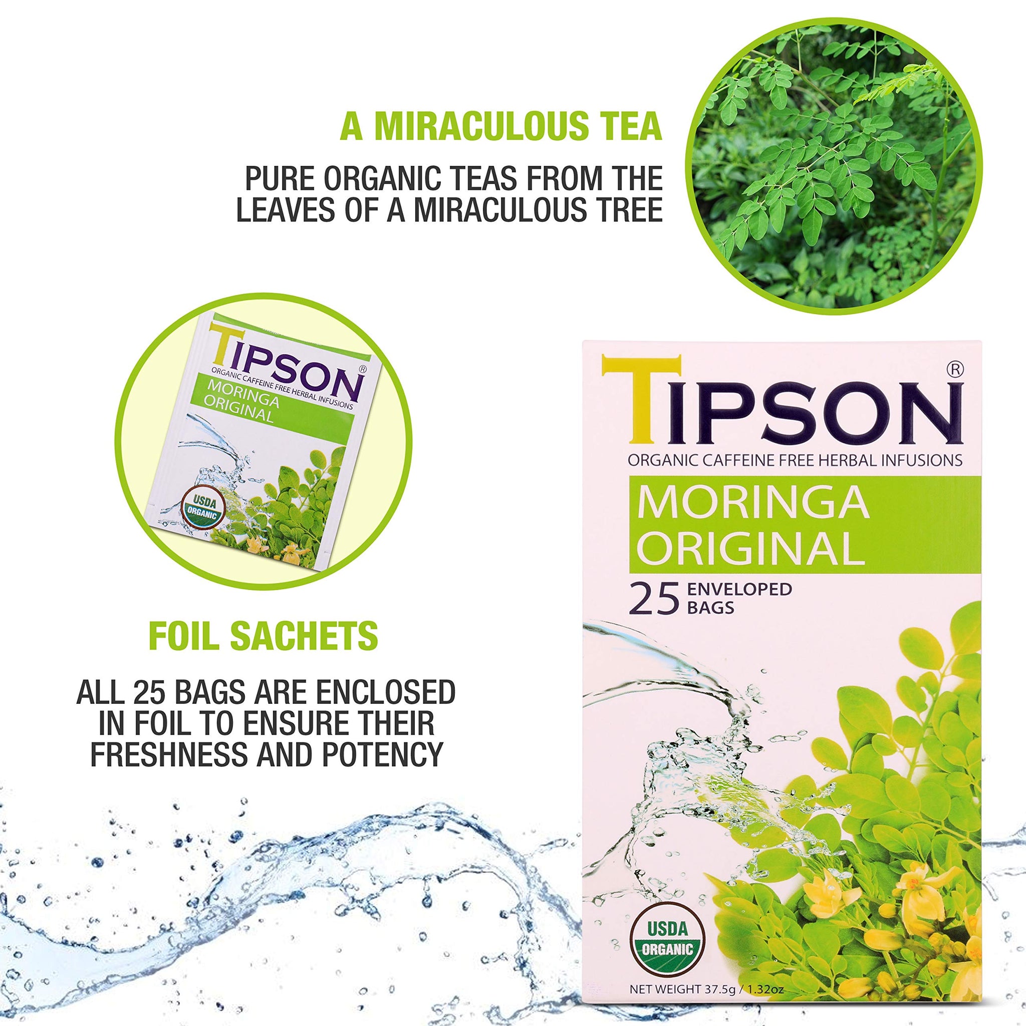 Tipson Organic Moringa Caffeine Free Herbal Tea - Original Flavor - 25 Premium Double Chambered Bags - Superfood Tea - Keto/Paleo Diet Compatible