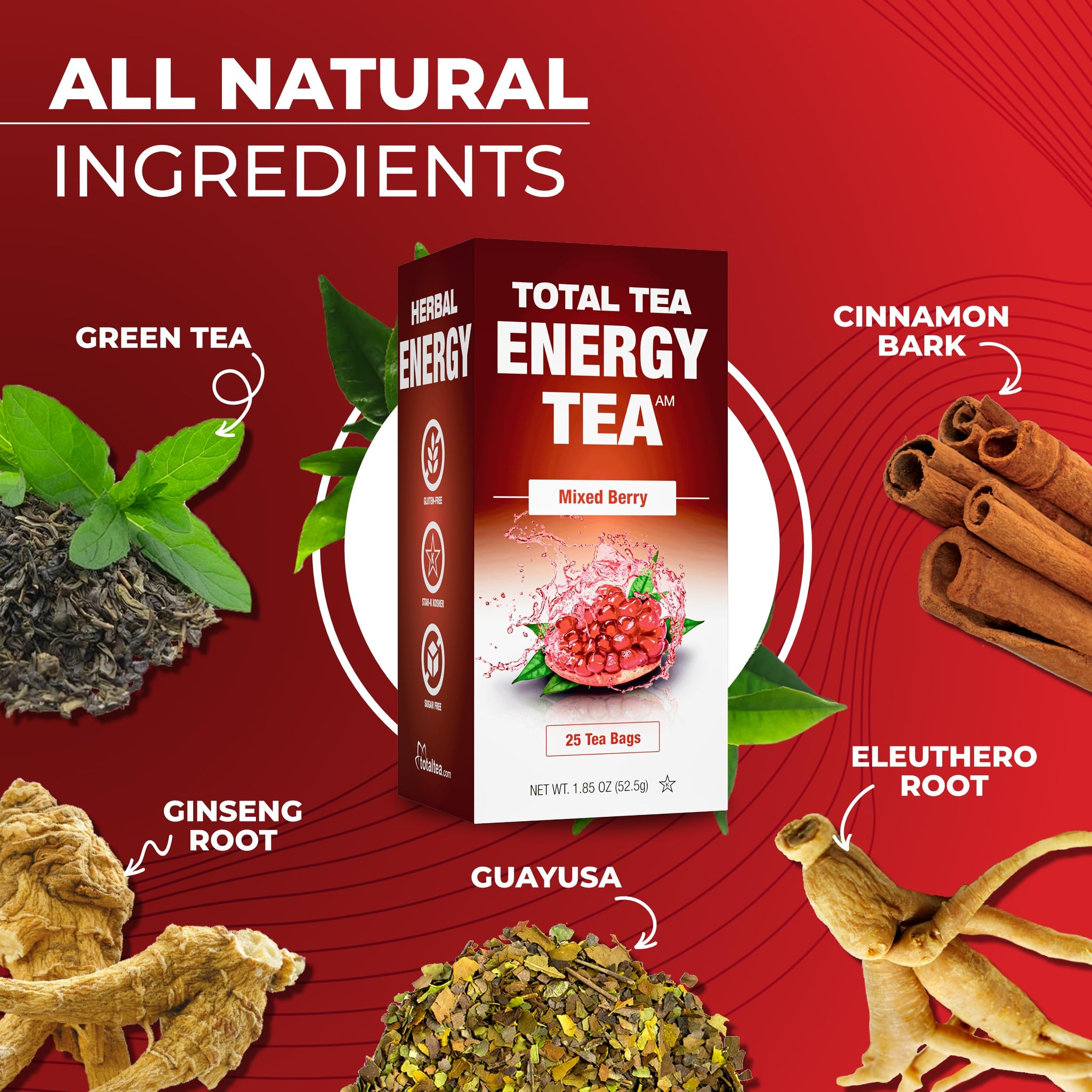 Total Tea Detox Guayusa Energy Tea - All Natural Herbal Caffeinated Tea Cleanse - Energy & Focus - Coffee Substitute - 25 Tea Bags for Men and Women
