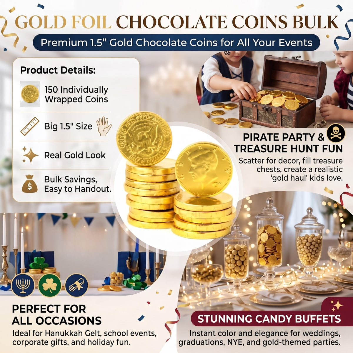 150ct Gold Foil Chocolate Coins Bulk - Gold Chocolate Coins for Pirate Party Favors, Candy Buffet, Treasure Hunt, Graduation & Wedding Gold Candy