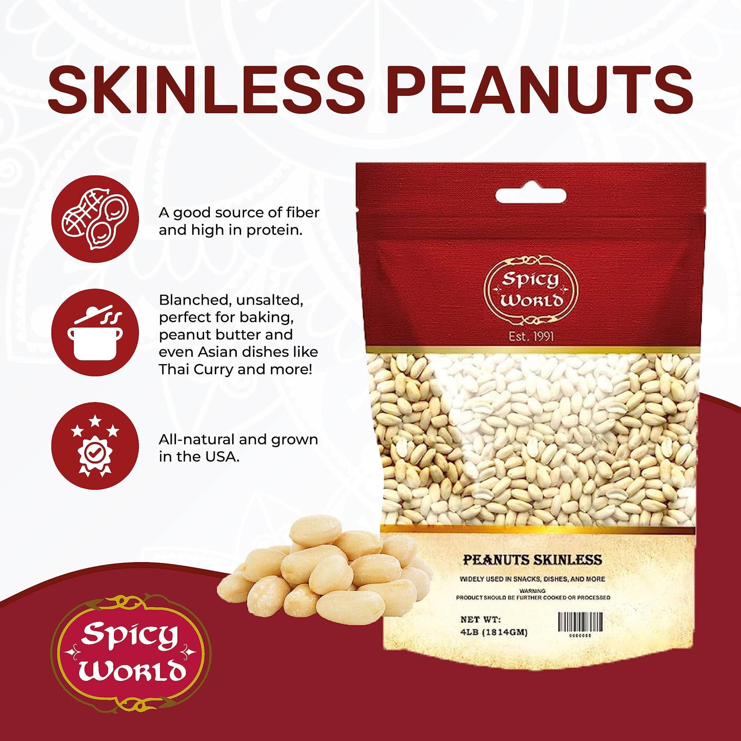 Spicy World Skinless Peanuts, Blanched Raw Peanuts (Uncooked, Unsalted) 4 Pound (64oz) ~ All Natural USA Grown