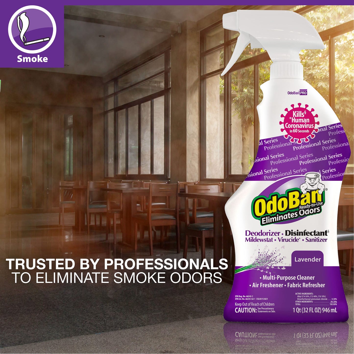 OdoBan Professional Disinfectant and Odor Eliminator Ready-to-Use Spray, Made in the USA, Lavender Scent, 4-Pack, 32 Ounces Each