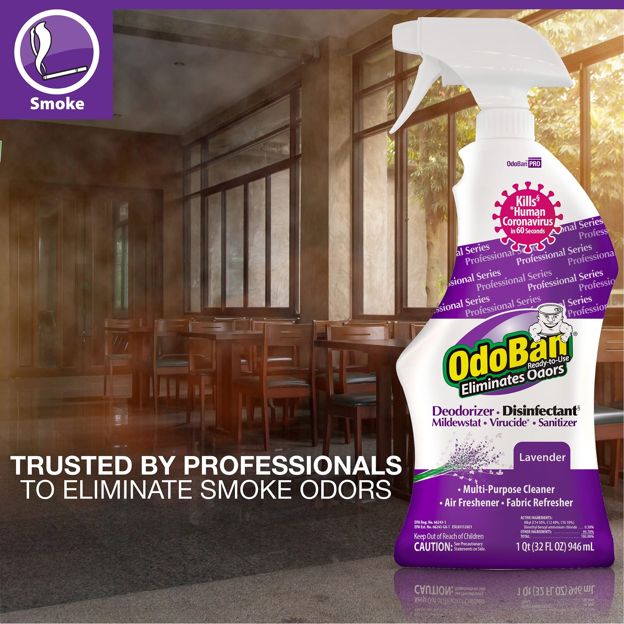OdoBan Professional Disinfectant and Odor Eliminator Ready-to-Use Spray, Made in the USA, Lavender Scent, 4-Pack, 32 Ounces Each
