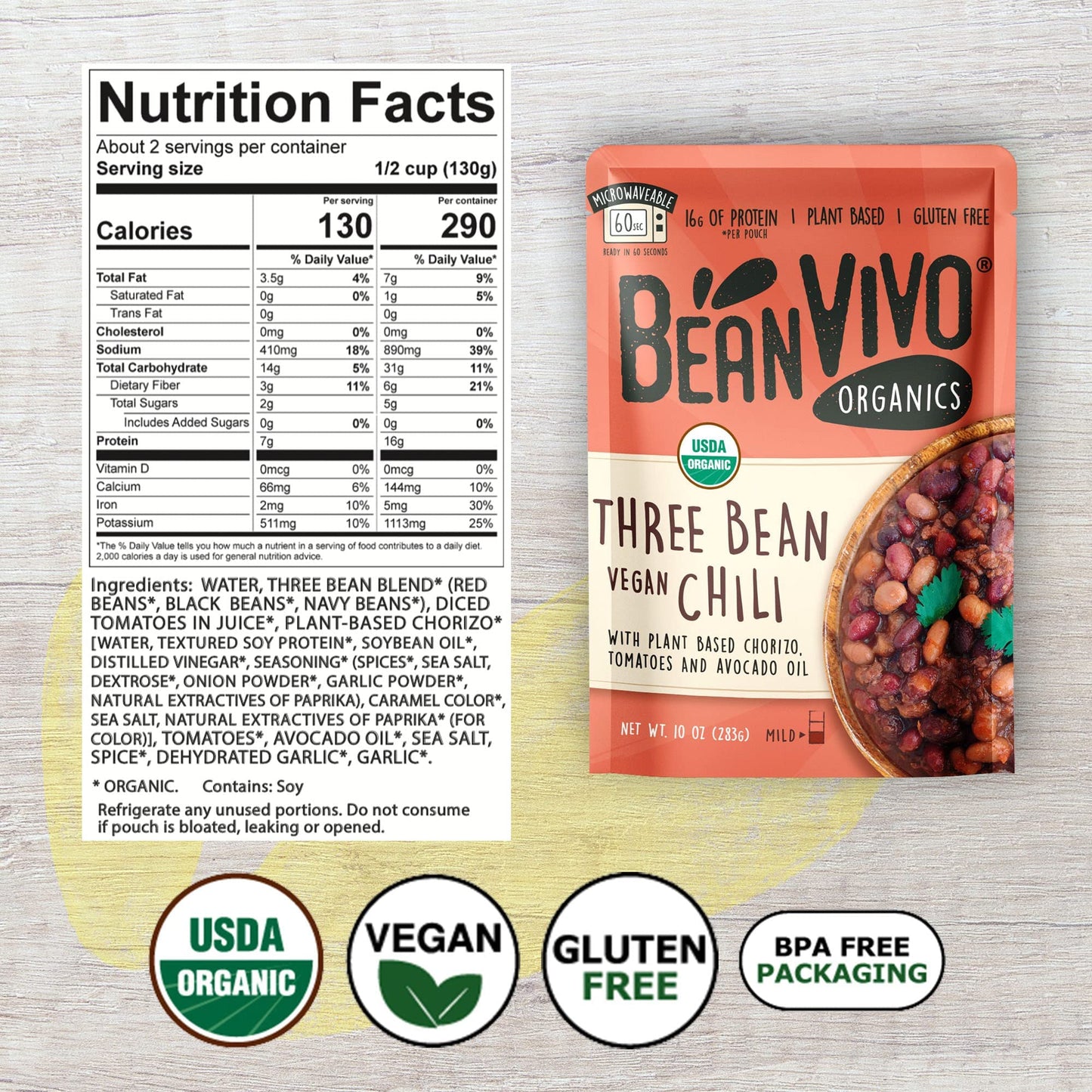 BeanVIVO (Pack of 6) Organics 16g Plant based Protein Three Bean Vegan Chili - Good Source of Fiber - Nutritious & Microwave Meal - Gluten-Free Plant