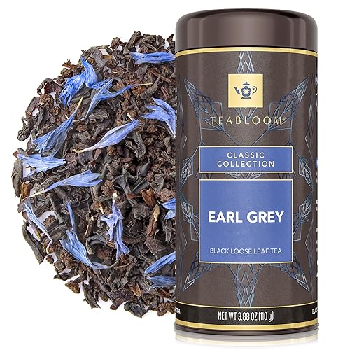 Teabloom Kosher Certified Earl Grey Loose Leaf Tea, Classic Assam Tea With Blue Cornflower Petals, 3.88 Ounce Canister Makes 35-50 Cups