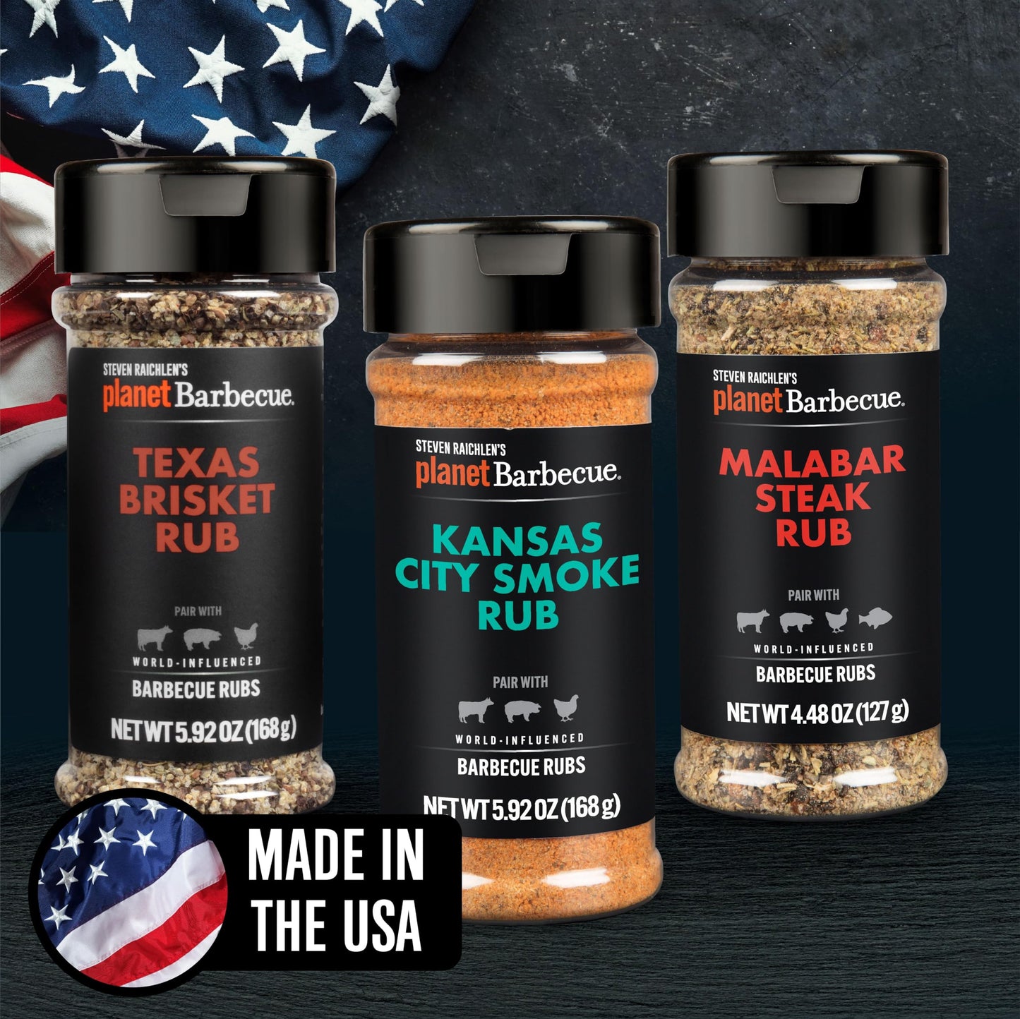 Steven Raichlen's New Planet Barbecue Premium Steak Rub Seasonings Set (3 Pack) - BBQ Spices w USA Inspired Flavors - Grilling Gift for Men & Women