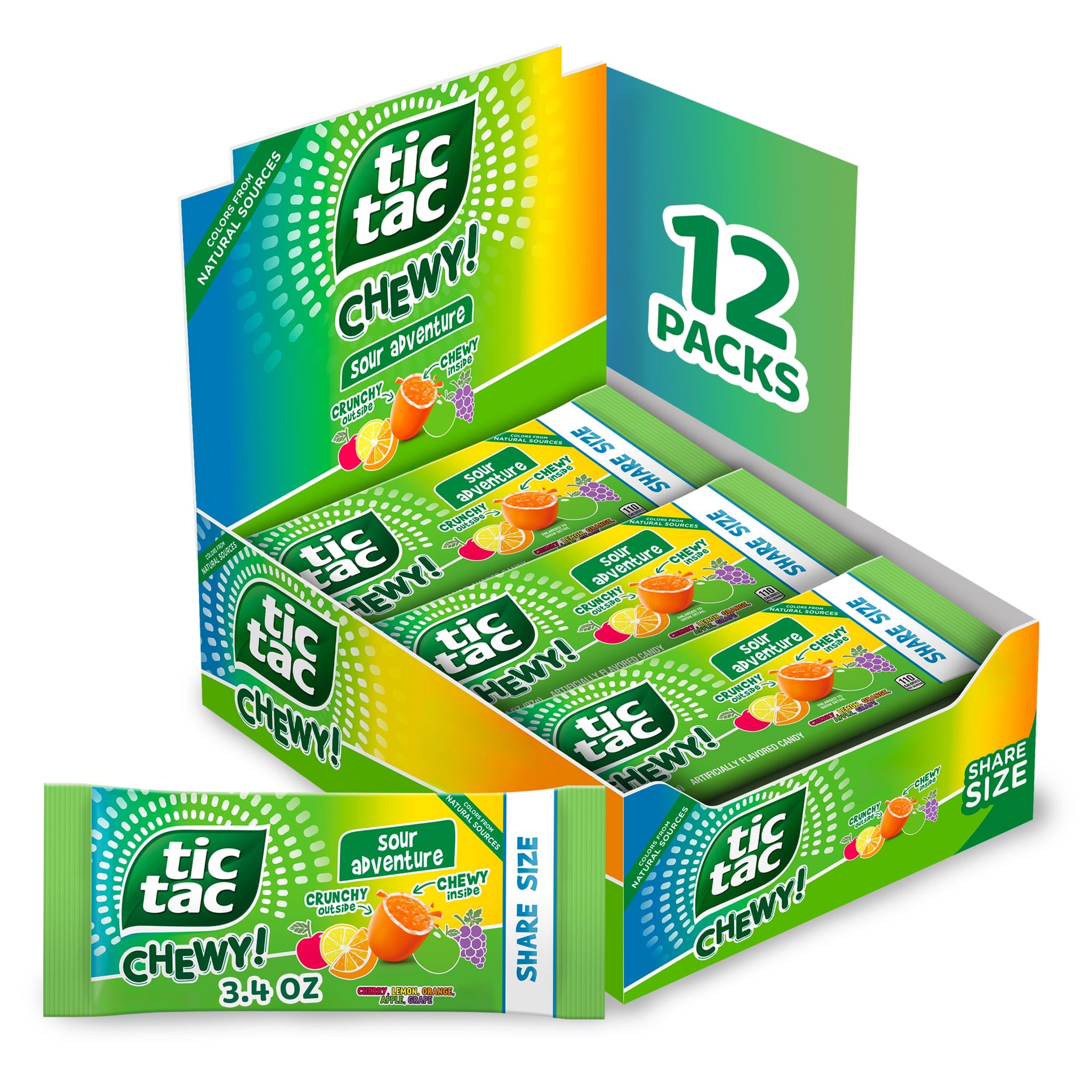 TIC TAC CHEWY! Sour Adventure, Sour Candy, Bulk 12 Pack, Fruity Chewy Candy, Share Size, 3.4 oz Each (Packaging May Vary)