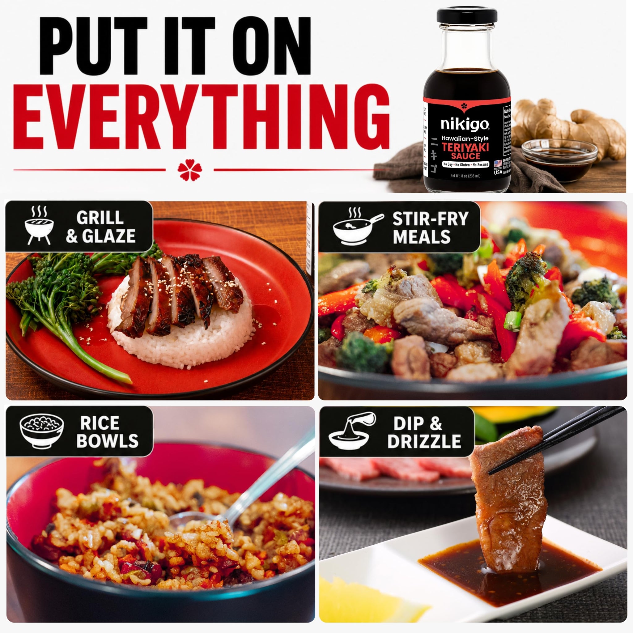 NIKIGO Hawaiian-Style Teriyaki Sauce - Premium Soy Free Teriyaki Sauce, Allergen-Friendly, Rich Umami Taste, Simple & Clean Ingredients, Authentic