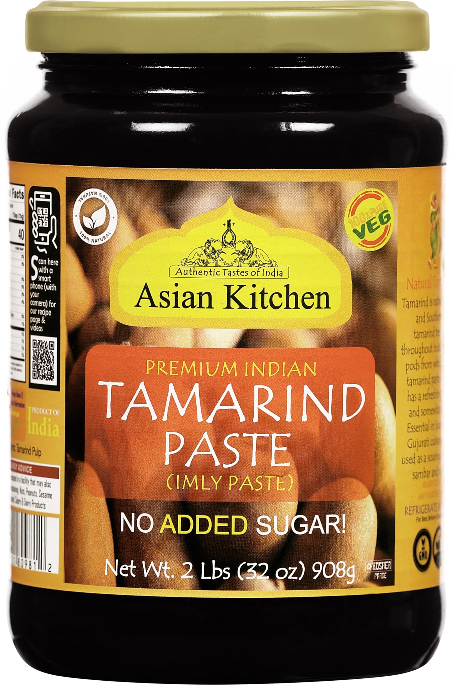 Asian Kitchen Tamarind Paste Puree (Imli) 32oz (908g) 2lbs Glass Jar, Gluten Free, No added sugar ~ All Natural | Vegan | NON-GMO | No Colors | Indian
