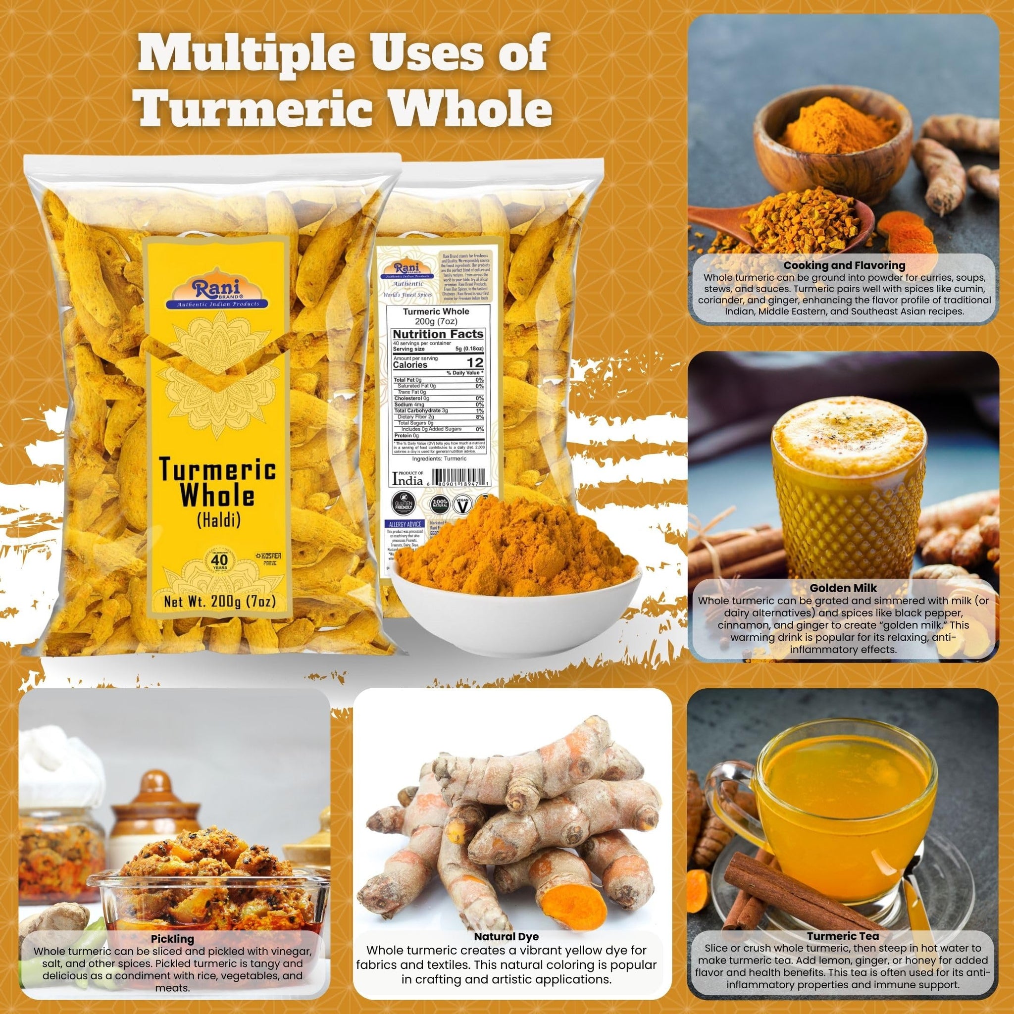 Rani Turmeric (Haldi) Root Whole Spice, Dried 7oz (200g) ~ All Natural | 100% Pure | Vegan | Gluten Friendly | NON-GMO | Kosher | Indian Origin