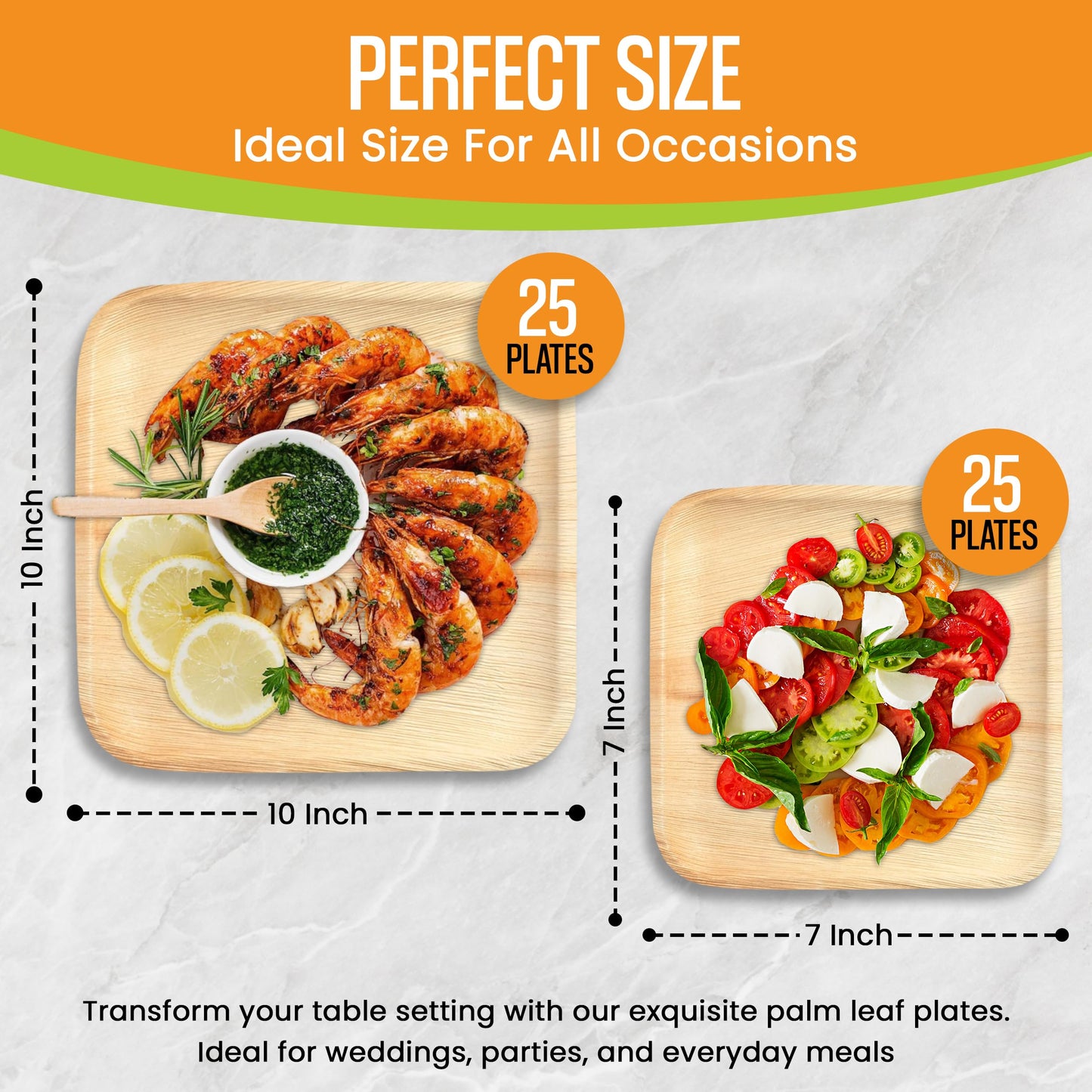 Raj Palm Leaf Plates Disposable Bamboo Plates 10 Inch & 7 Inch Square Bulk Party Pack (50 Pc) Compostable and Biodegradable - Better than Plastic