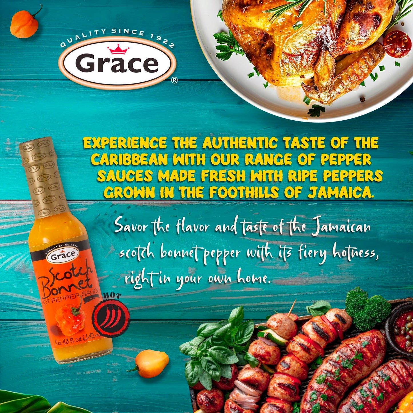 Grace Yellow Scotch Bonnet Hot Pepper Sauce 4.8oz - 2 Pack - Authentic Caribbean Hot Sauce - Jamaican Scotch Bonnet Pepper Sauce