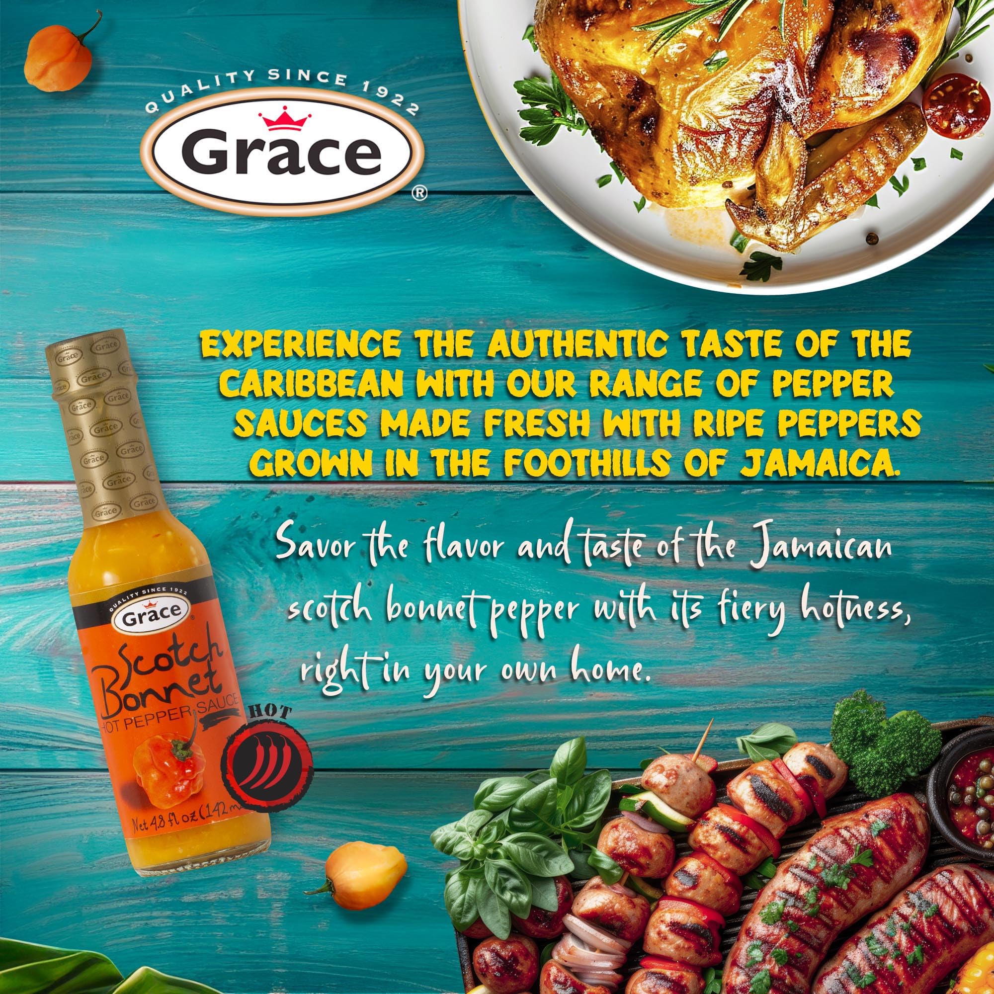 Grace Yellow Scotch Bonnet Hot Pepper Sauce 4.8oz - 2 Pack - Authentic Caribbean Hot Sauce - Jamaican Scotch Bonnet Pepper Sauce