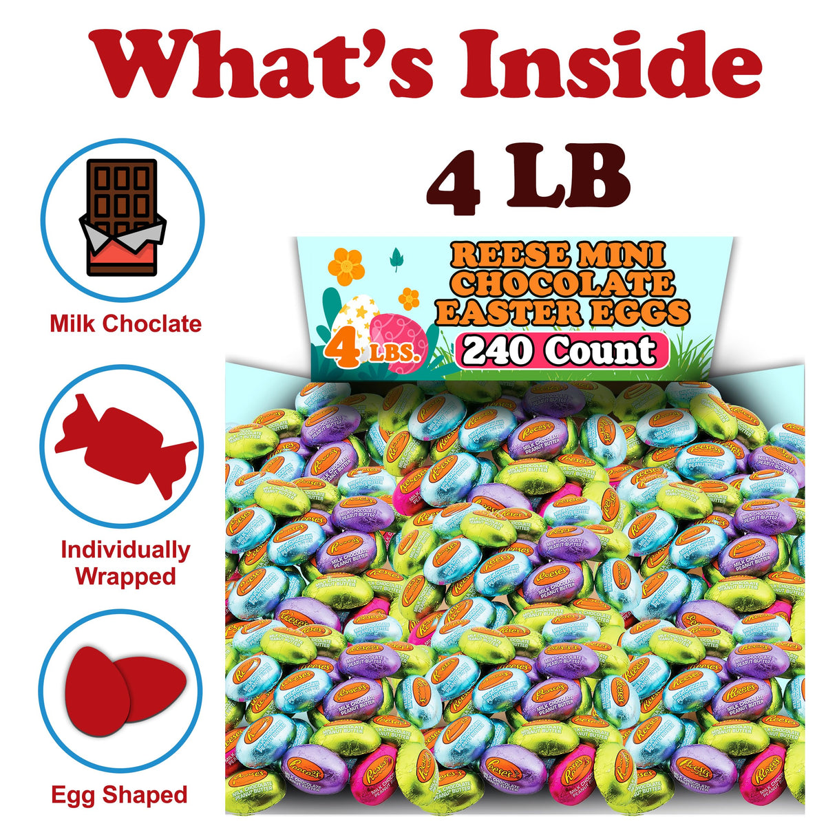 REESE Peanut Butter Mini Eggs, Bulk 4 Lb Mini Milk Chocolate Peanut Butter Half Eggs Candy, Foil Wrapped in Pastel Spring Colors, Easter Baskets, Egg