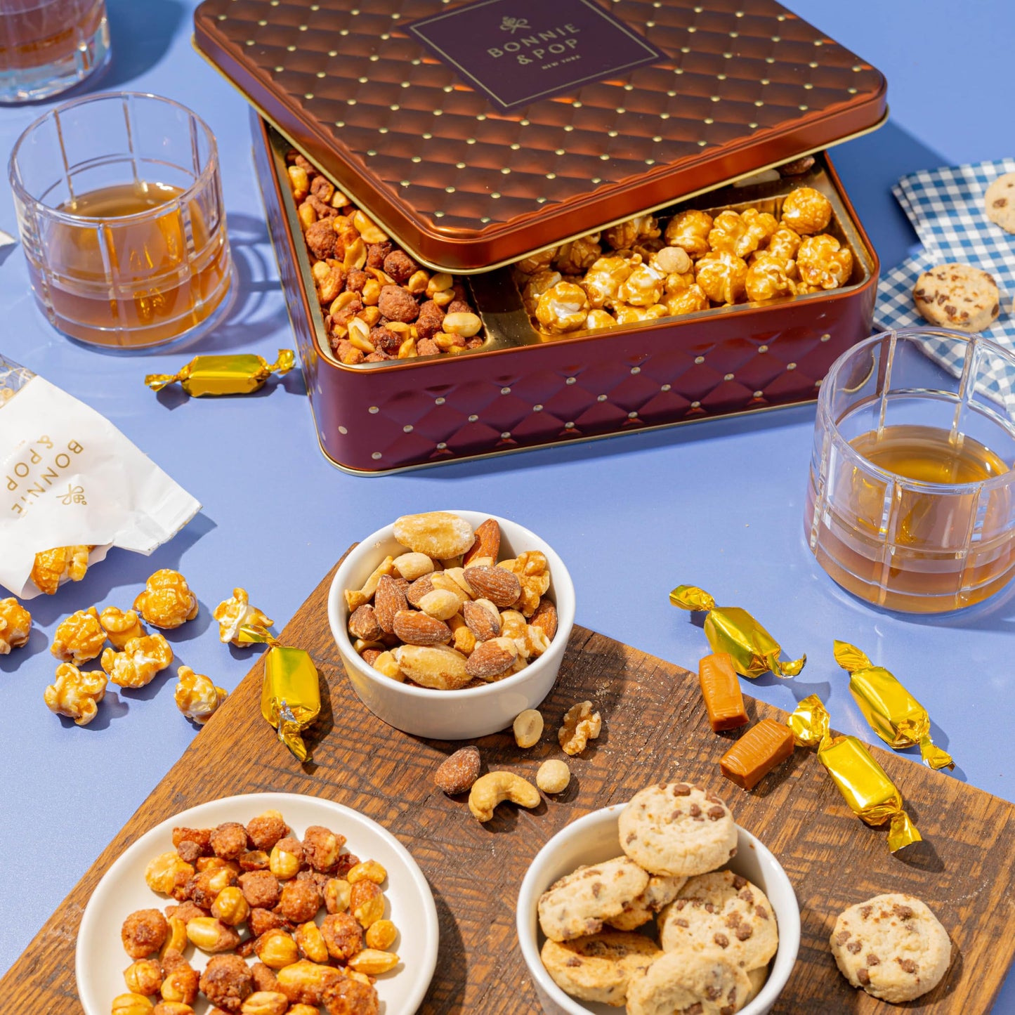 Caramels and Nut Sweet and Savory Gift Basket for Christmas Gifts, Dad, Men, Women, Holiday Parties | Gourmet Holiday Snack Tin Box | Churro Cinnamon