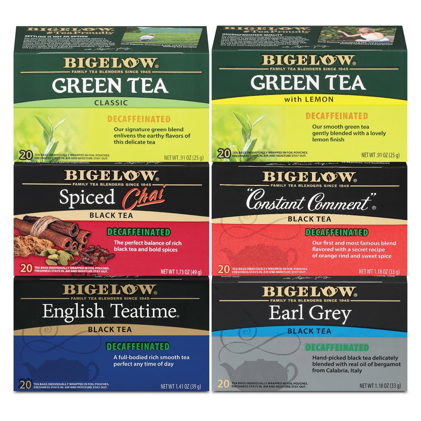 Bigelow Tea Decaffeinated Tea 6 Flavor Variety Pack, Decaf Tea with Green Tea, Spiced Chai, Constant Comment, English Teatime and Earl Grey Tea, 20