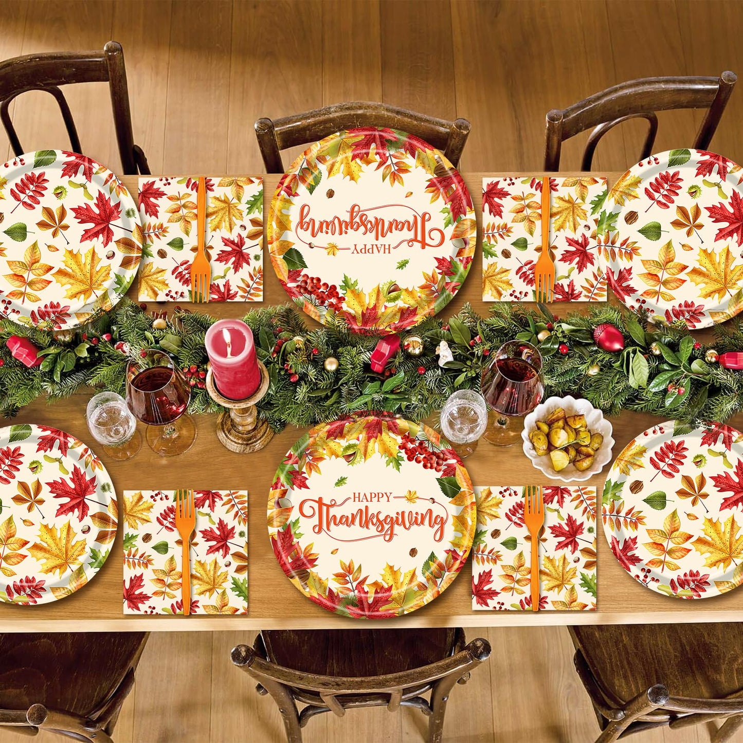 96 Pieces Fall Leaves Thanksgiving Tableware Set - Autumn-Themed Disposable Party Supplies with Paper Plates, Napkins, and Forks for Thanksgiving