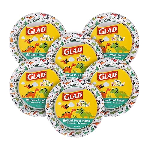 Glad for Kids Dinosaur Disposable Paper Plates, Heavy Duty Soak Proof Microwave Safe Kids Plates for Snacks, Meals, and Parties, Fun Dino Design