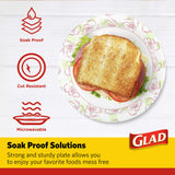 Glad Disposable Paper Plates, Pink Floral Pattern, 8.5 Inch Round, Soak Proof Coating, Microwave Safe, Cut Resistant, Sturdy for Dinner, Parties