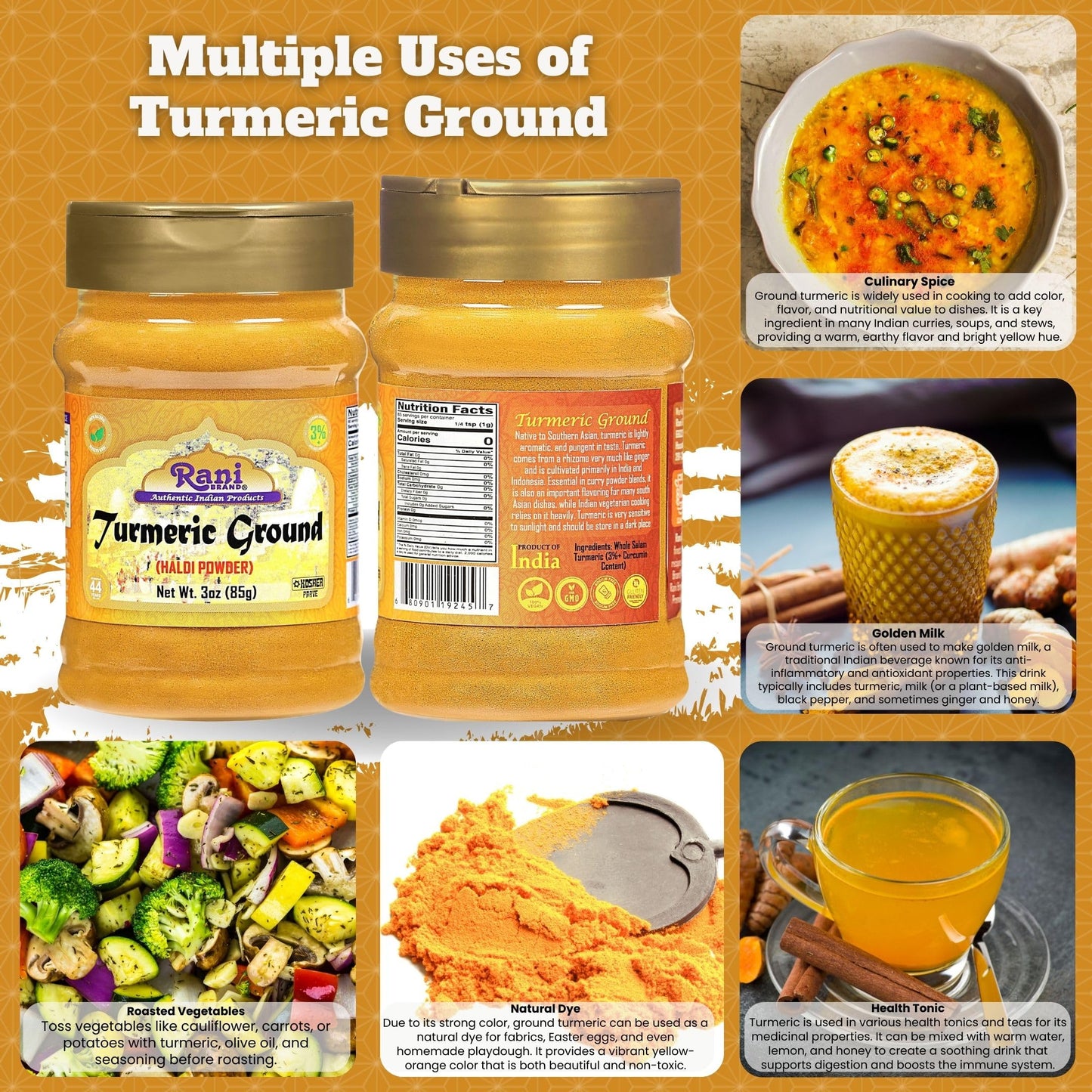 Rani Turmeric (Haldi) Root Powder Spice, (High Curcumin Content) 3oz (85g) PET Jar ~ All Natural | 100% Pure, Salt Free | Vegan | Gluten Friendly |