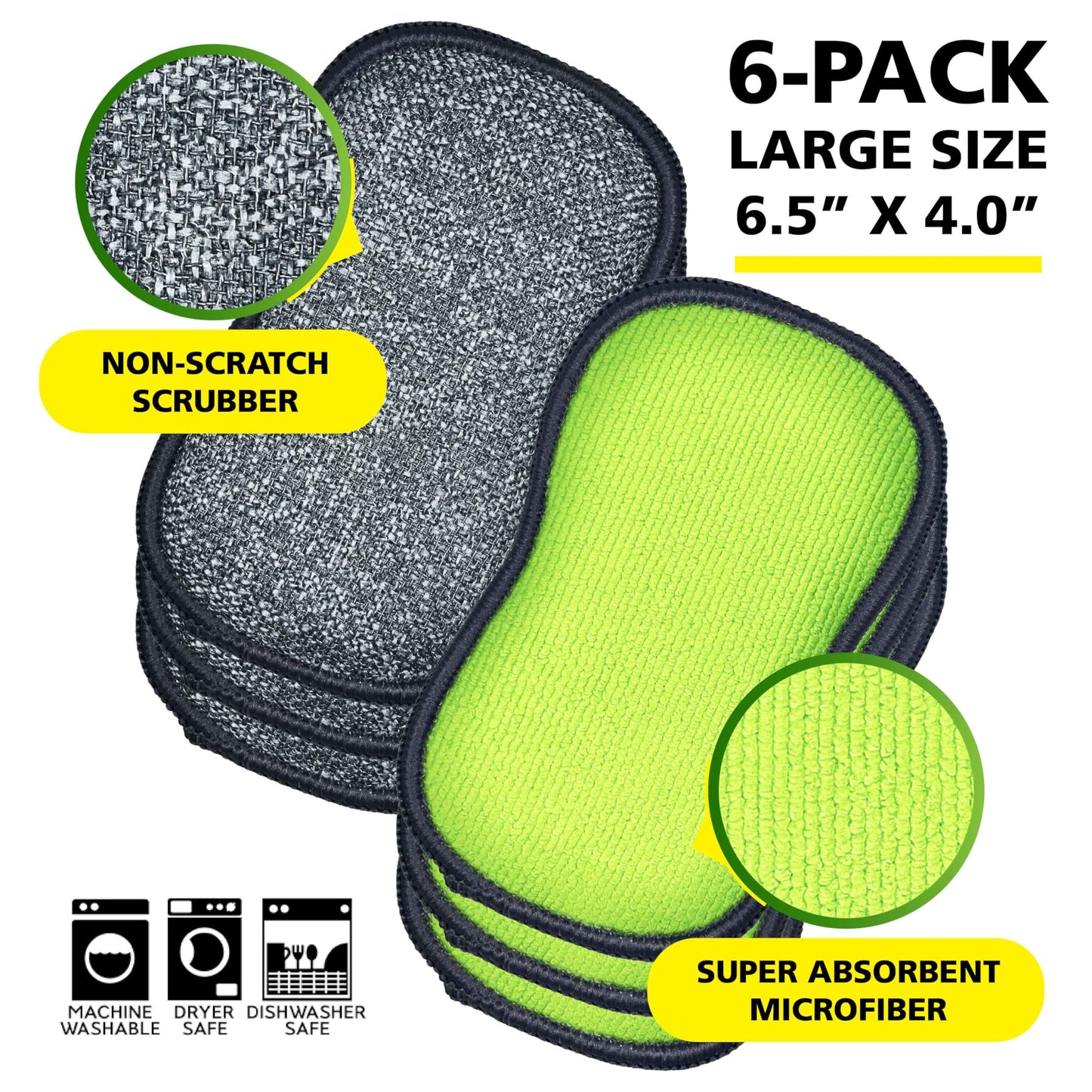 Fresh Tuff-Scrub Microfiber Scrub-N-Wipe Sponge Pads, Fabric with SILVADUR Odor Control and Charcoal-Infused Foam, 6-Pack Green Large Pads